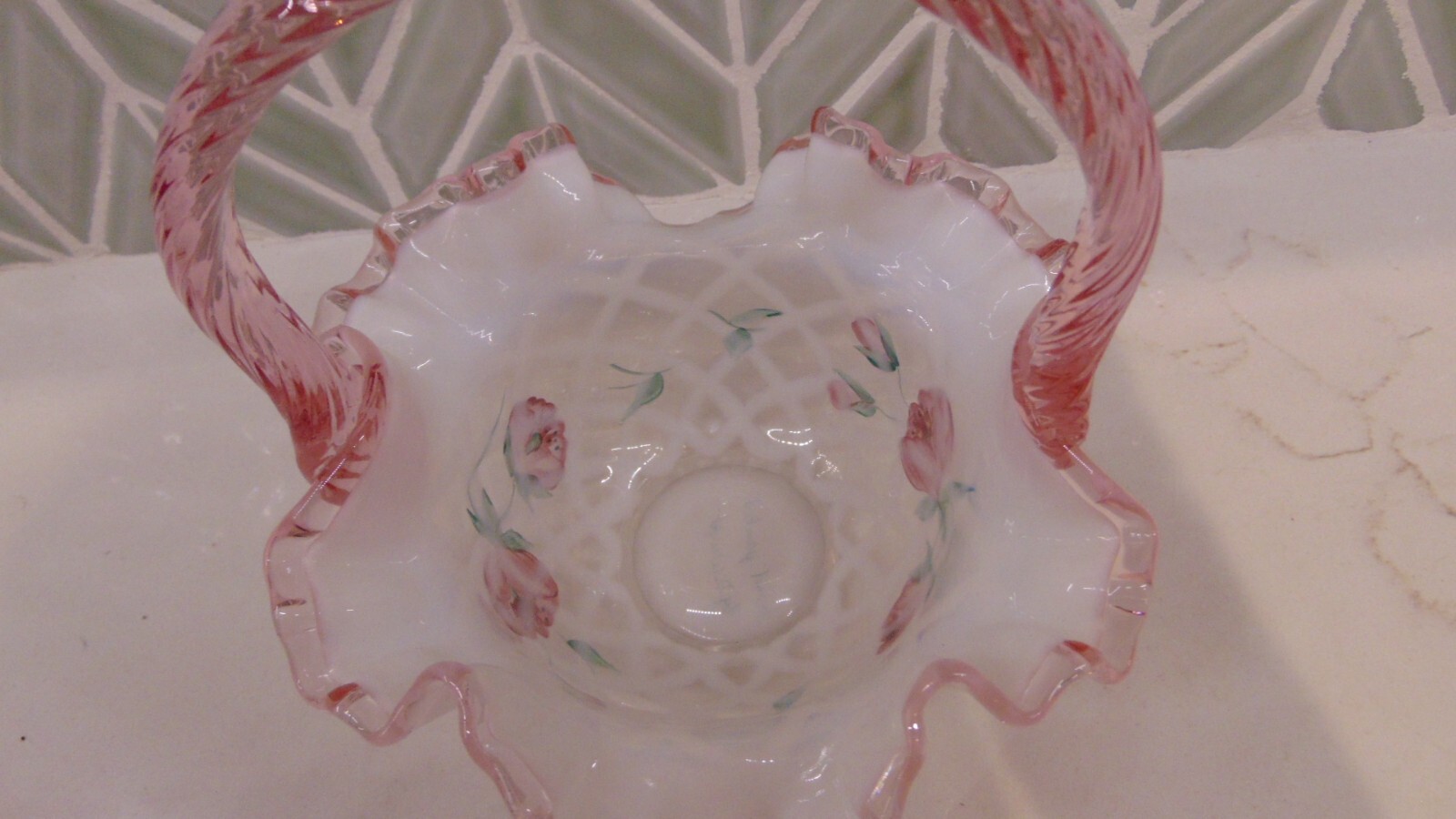 Fenton Pink/White/Clear Opalescent Hand Painted Trellis Basket Signed D Wright