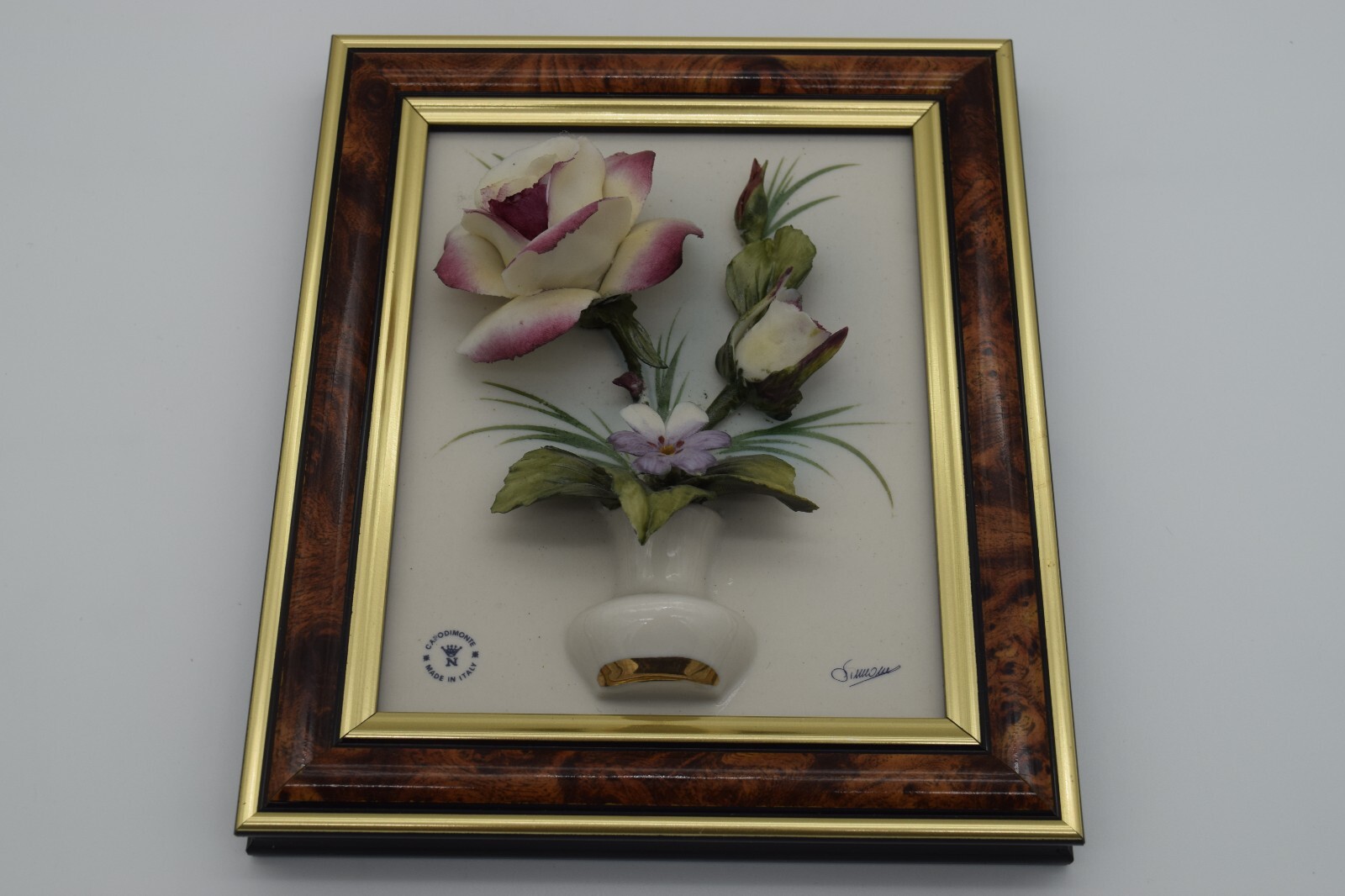 Capodimonte Italy Framed Wall Art Porcelain Flower Bouquet