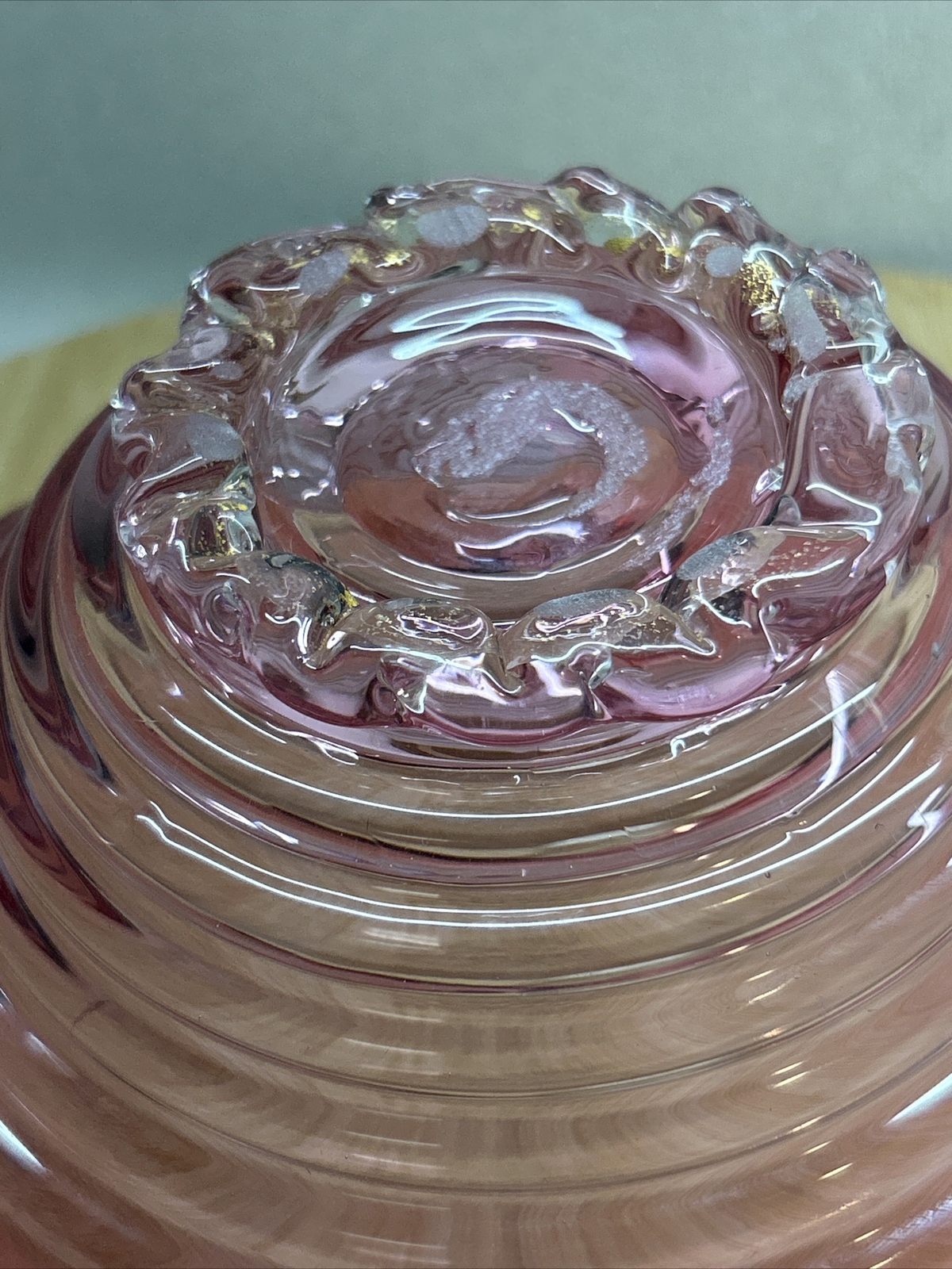 Vintage Murano Pink Swirl Ruffled Bowl With Clear Handle Italian Lovely Shape