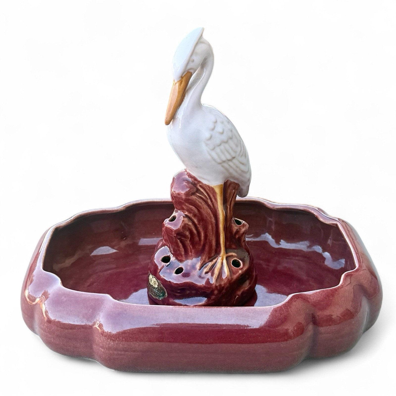 Vintage Rosemeade Pottery Heron Crane Flower Holder Frog and Bowl Burgundy