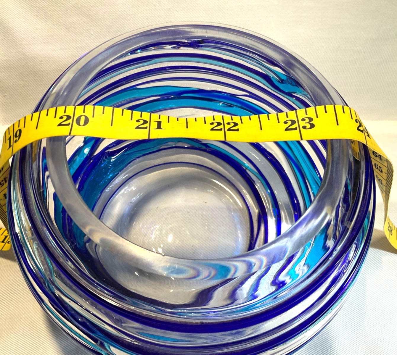 Art Glass Vase Hand Blown Clear Round Blue/Teal Swirls 6” Wedding New Home Gifts