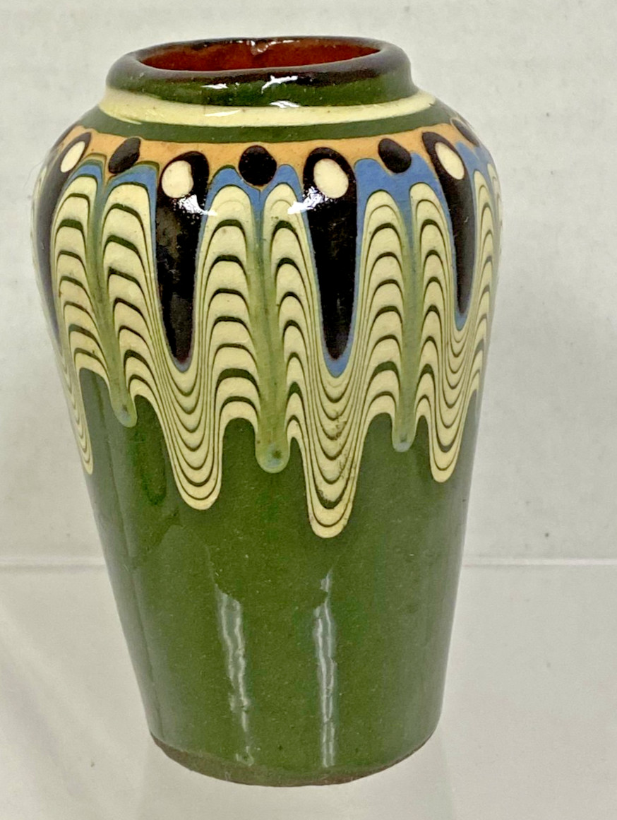 Bulgarian Folk Art Troyan Pottery Green Brown Drip Glaze Vase 3 1/2″ Tall