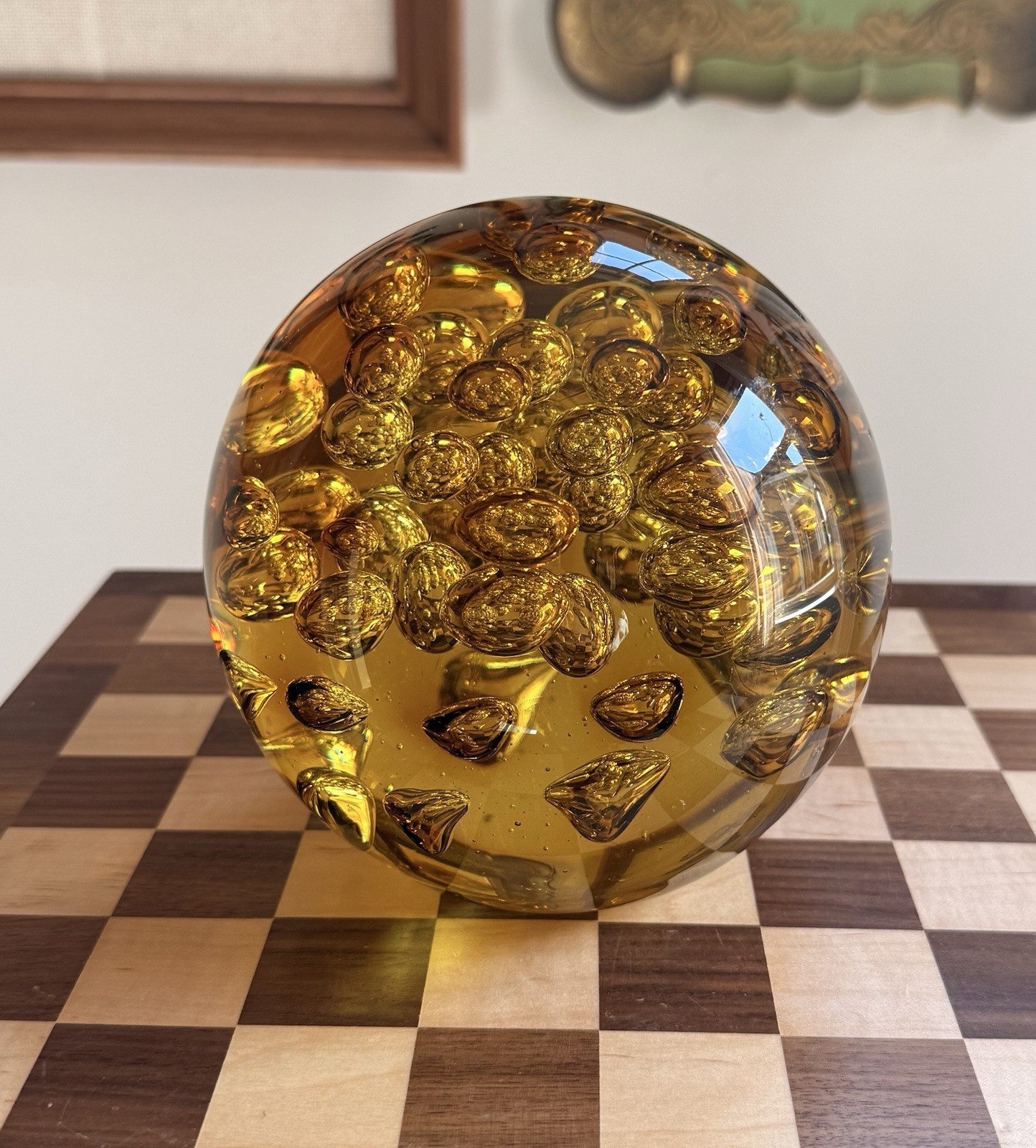 Vintage Large Amber Art Glass Controlled Bubbles Heavy Round Paperweight, 5.5”