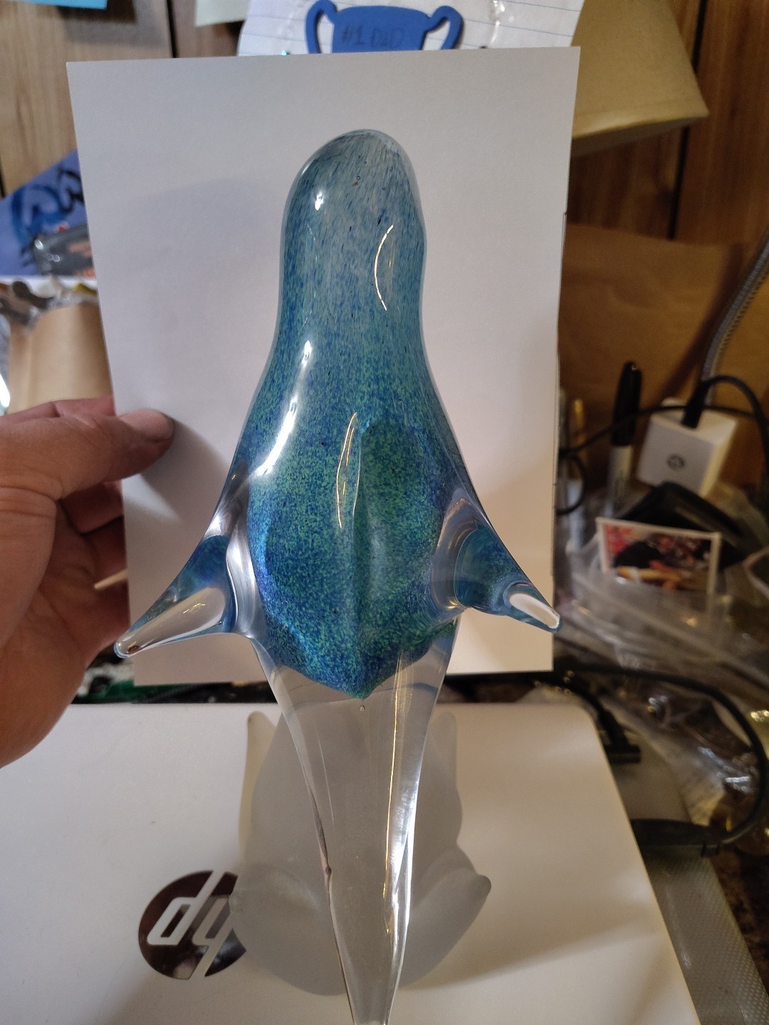 Murano Art Glass Hand Blown Blue Bird Figurine Turtle Dove On Clear Glass Perch