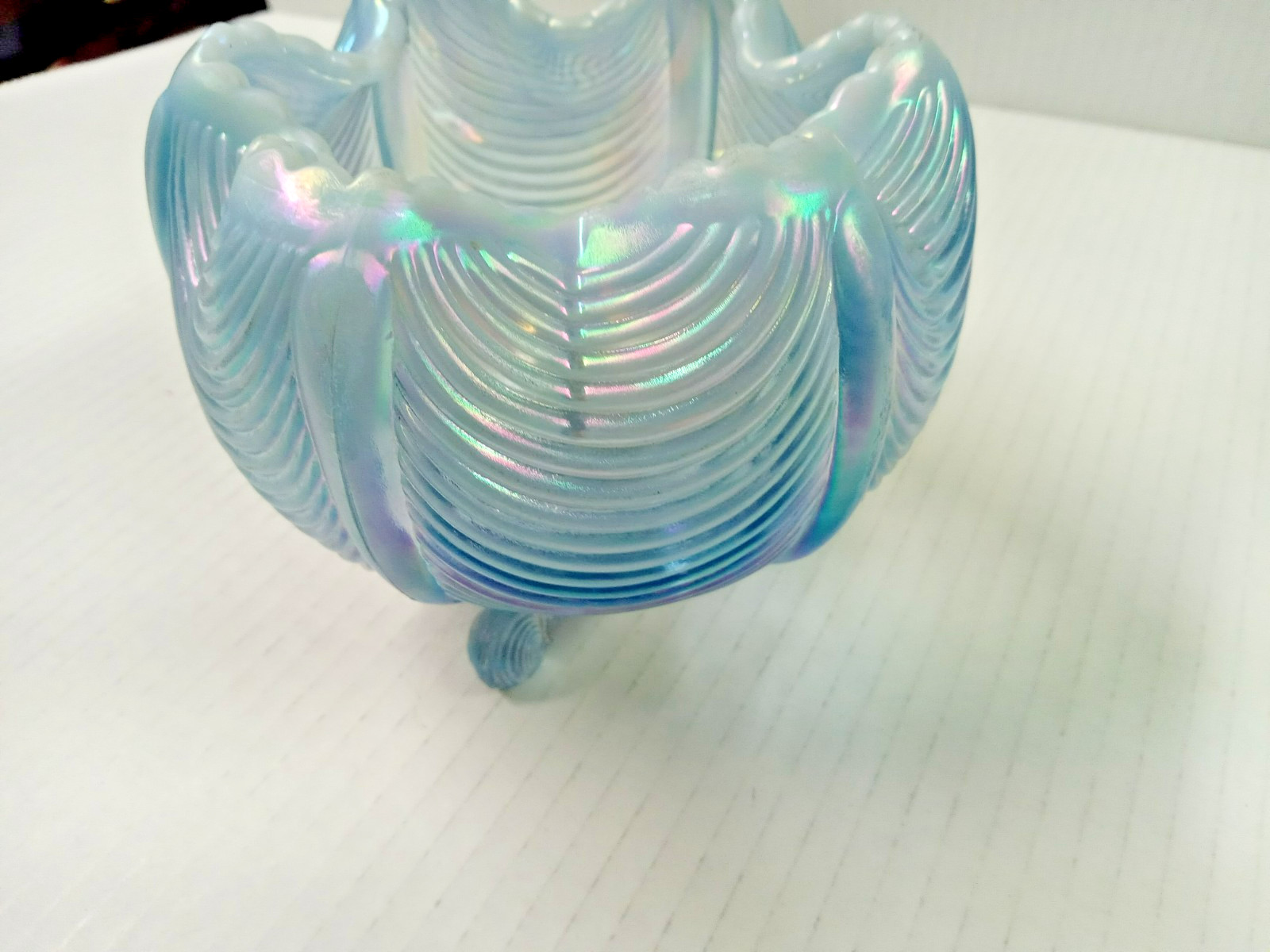 Fenton Blue Opalescent Glass Three Footed Rose Bowl Vase Drape