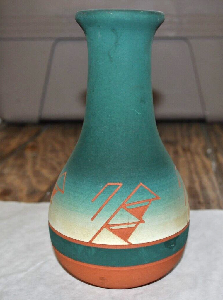 Sioux Pottery Native American 7 5/8″ tall Painted Clay Vase-Signed