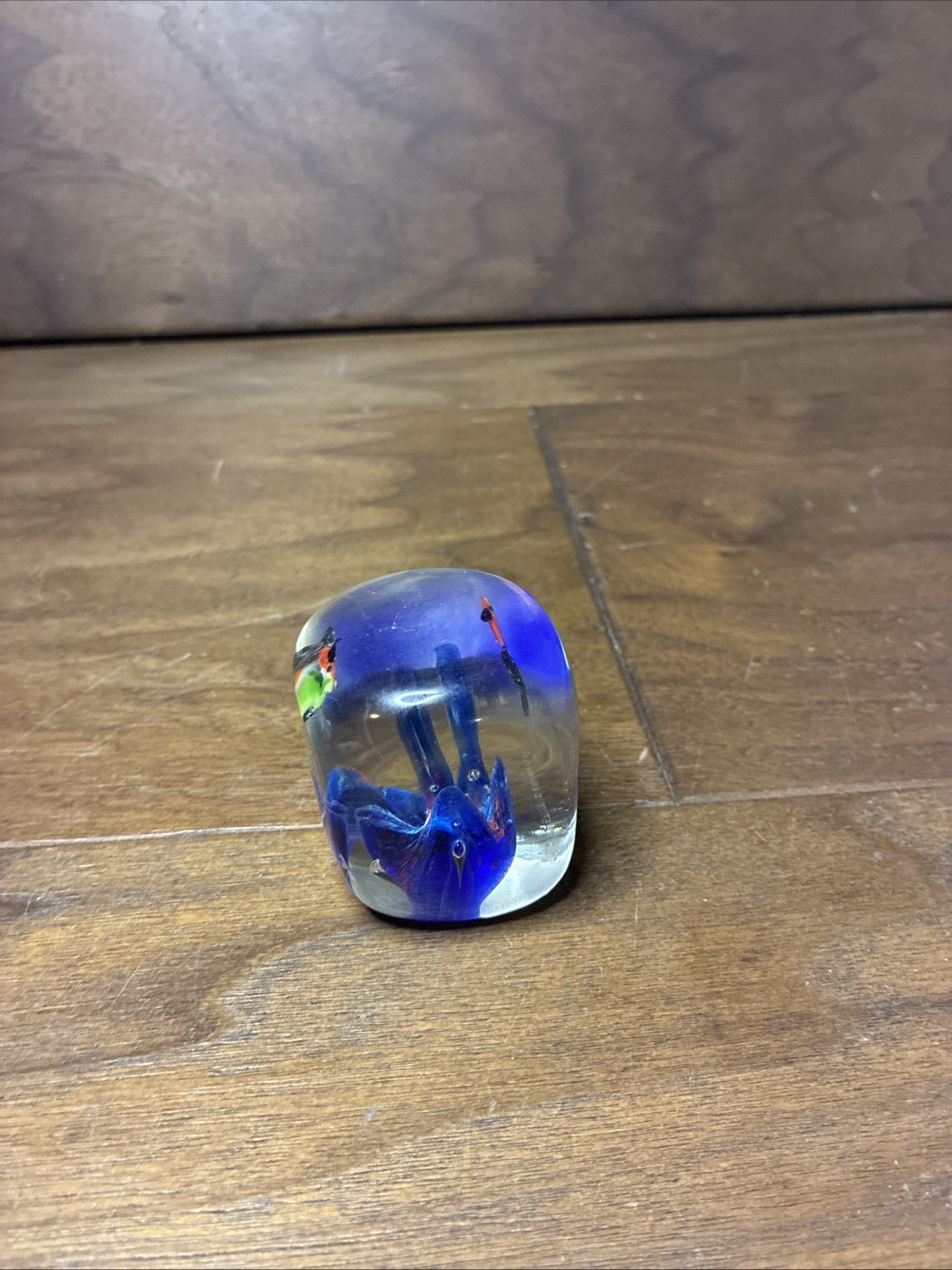 Art Glass 2″ Paperweight Fish Aquarium Scene Seascape Goldfish Blue Orange Ocean