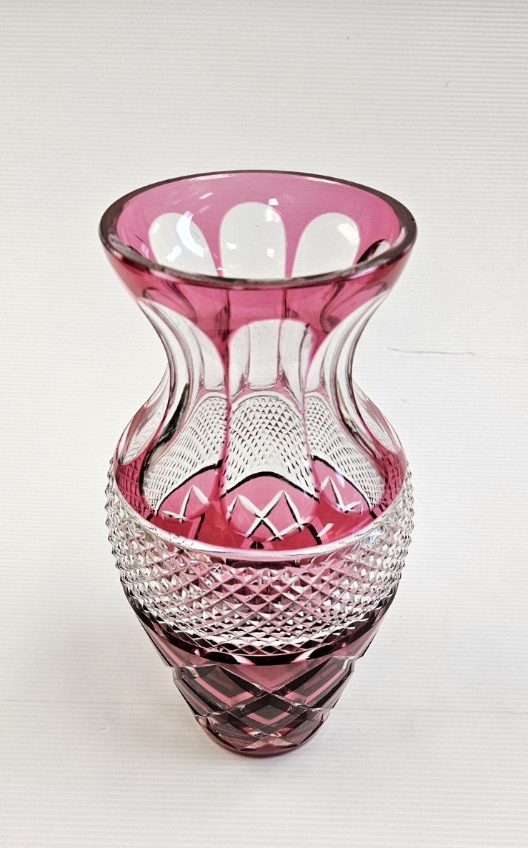 STUNNING Moser? Bohemian Cranberry Red Crystal Vase Hand Cut to Clear 10″ tall