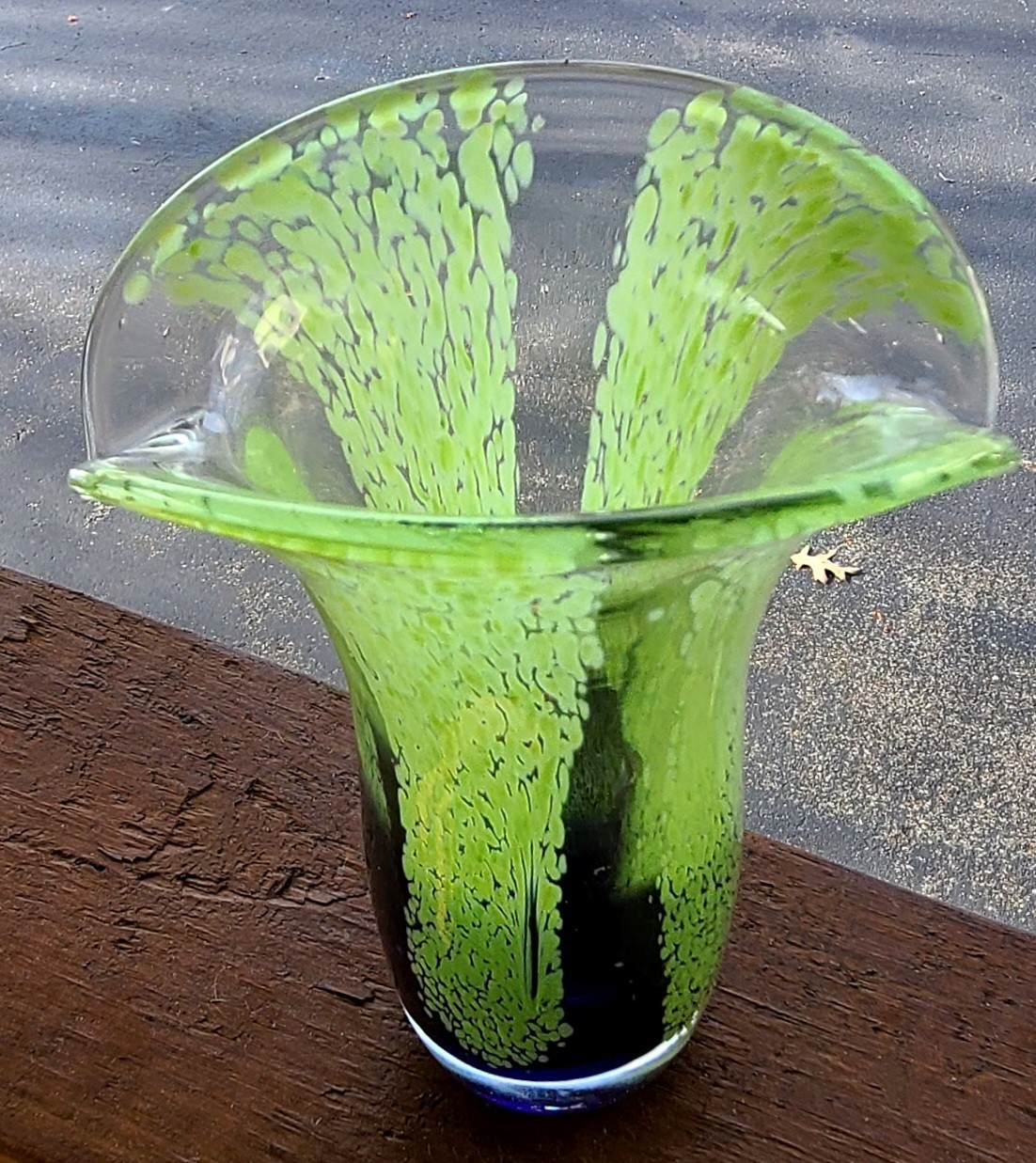 Heavy Hand Blown Art Glass Vase 8” Green Black Murano Style Flared Rim 2lb 11oz