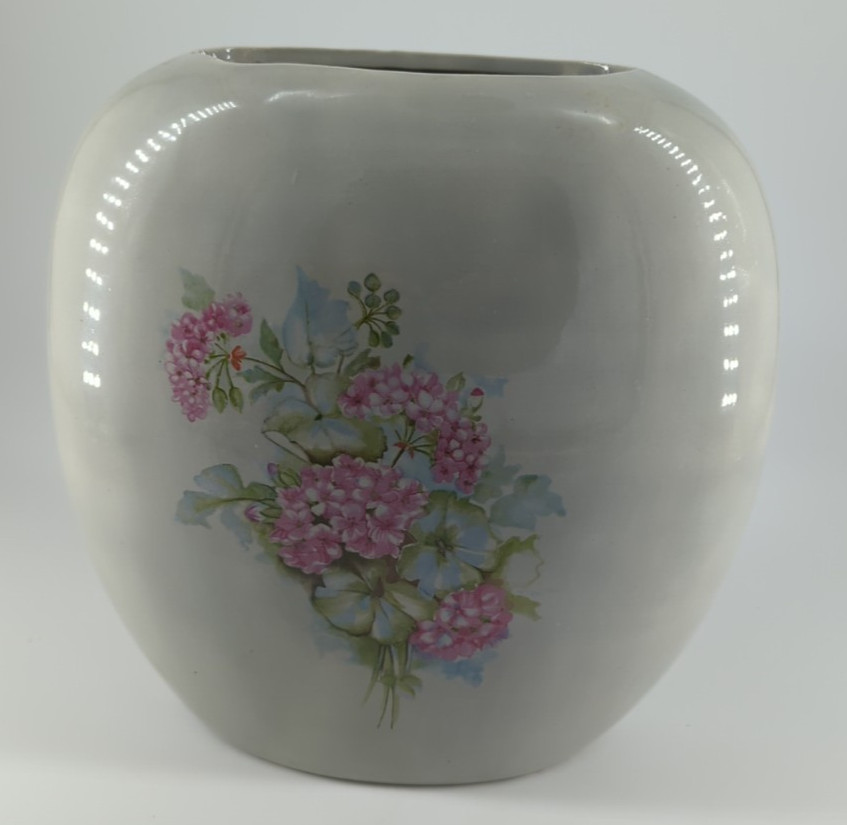 Art Pottery Flat Oval Vase White With Pink Flowers 8.75″ Tall Signed Vintage