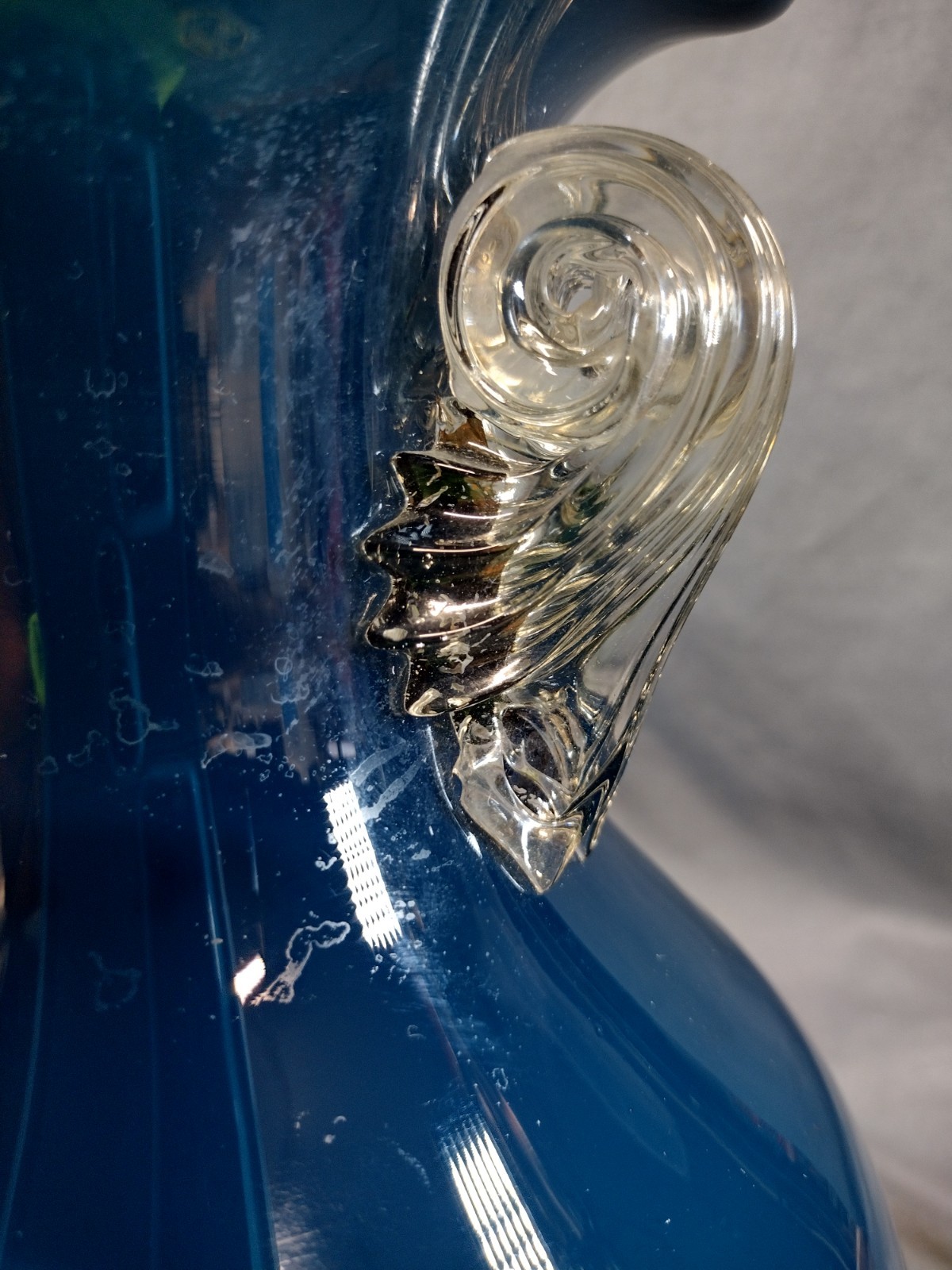 Vintage Teal Blue Blown Art Glass Vase Gold Foil Ruffled Rim Scrolled Handles