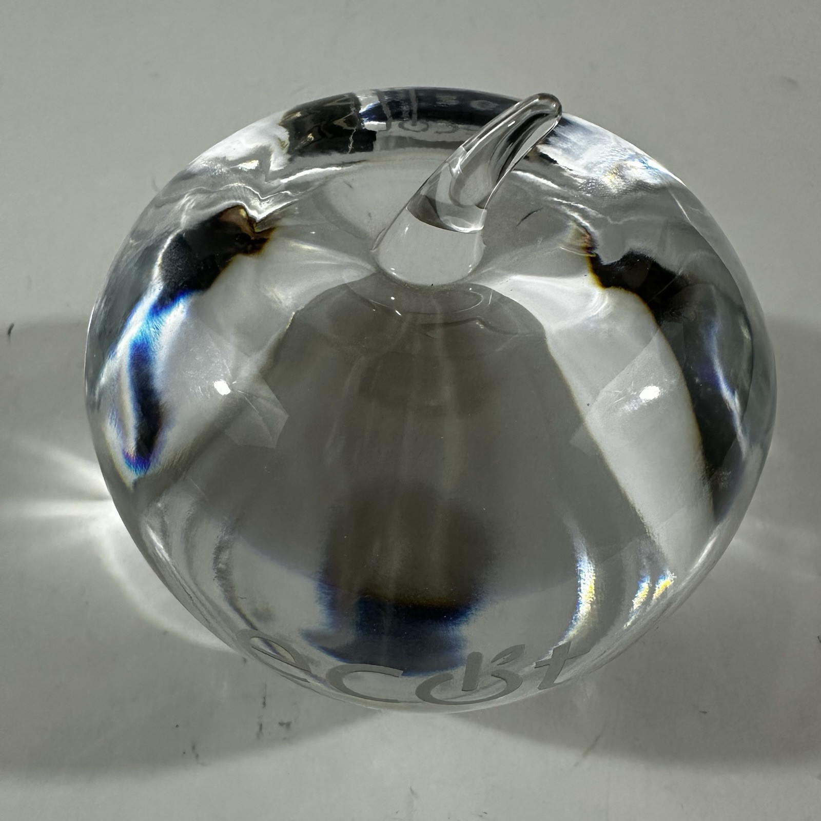 Tiffany and Co Glass Apple Paperweight Engraved ECOT Clear Glass Fruit Signed