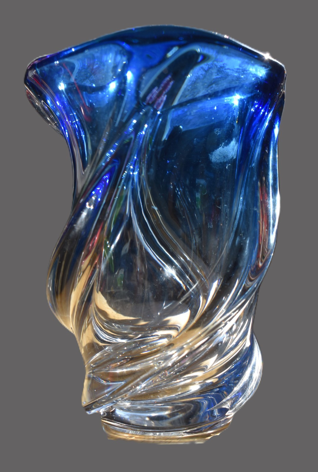 Val St. Lambert Signed Blue Art Glass Vase Twisted Rene Delvenne Crystal 1950s