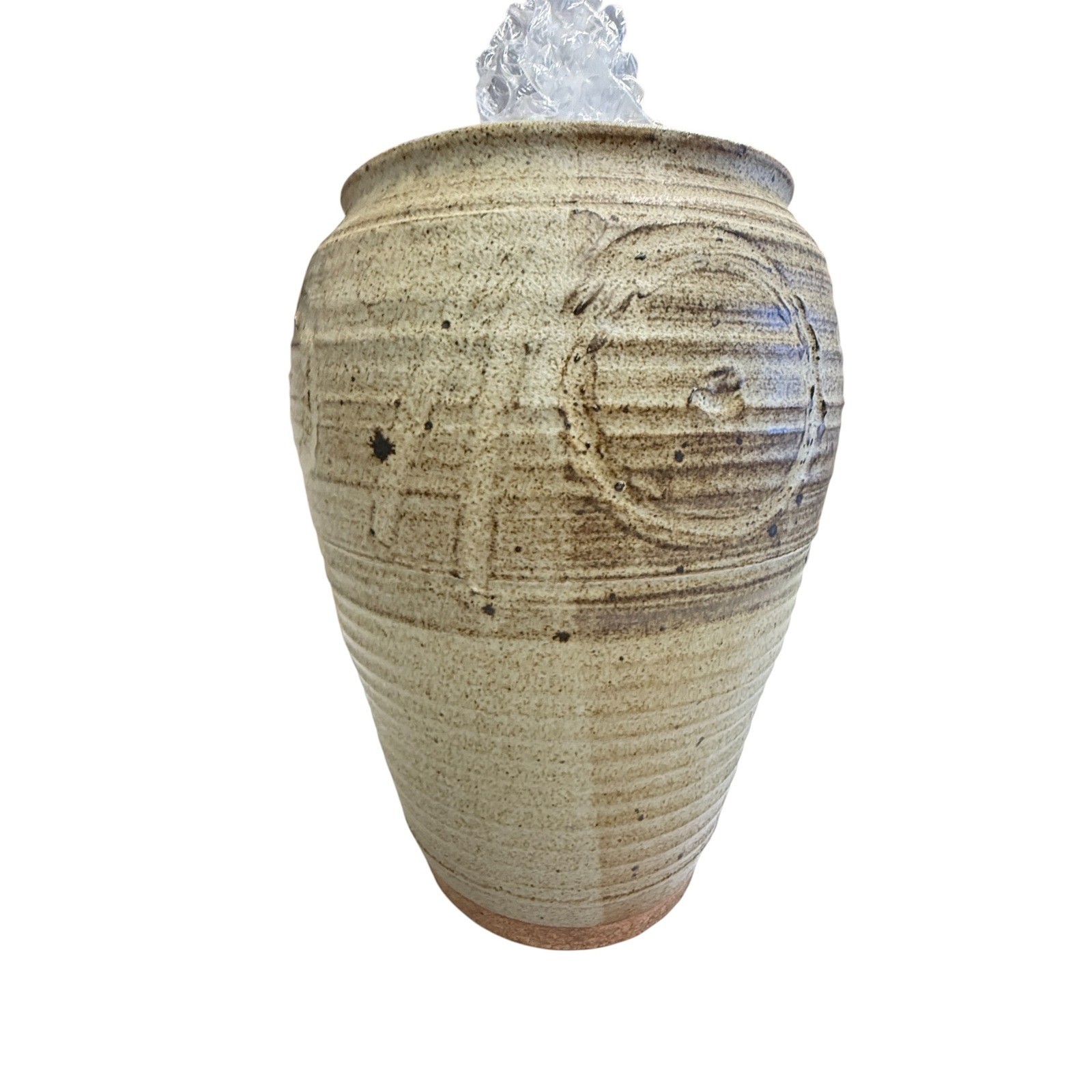 Vintage Studio Pottery Stoneware Vase Hand Carved Ribbed Earth Tones Signed 11in