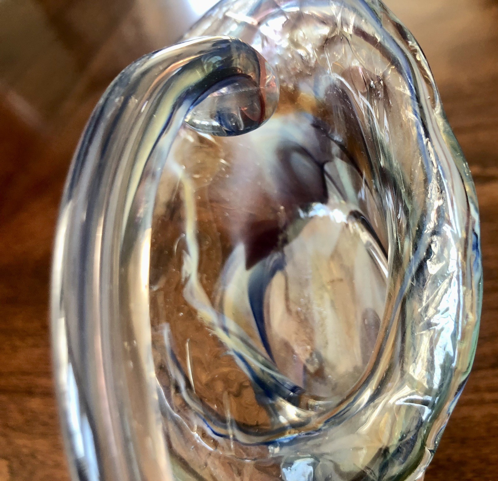 Mid Century Small Art Swirl Hand Blown Glass Cornucopia Handle Display Dish