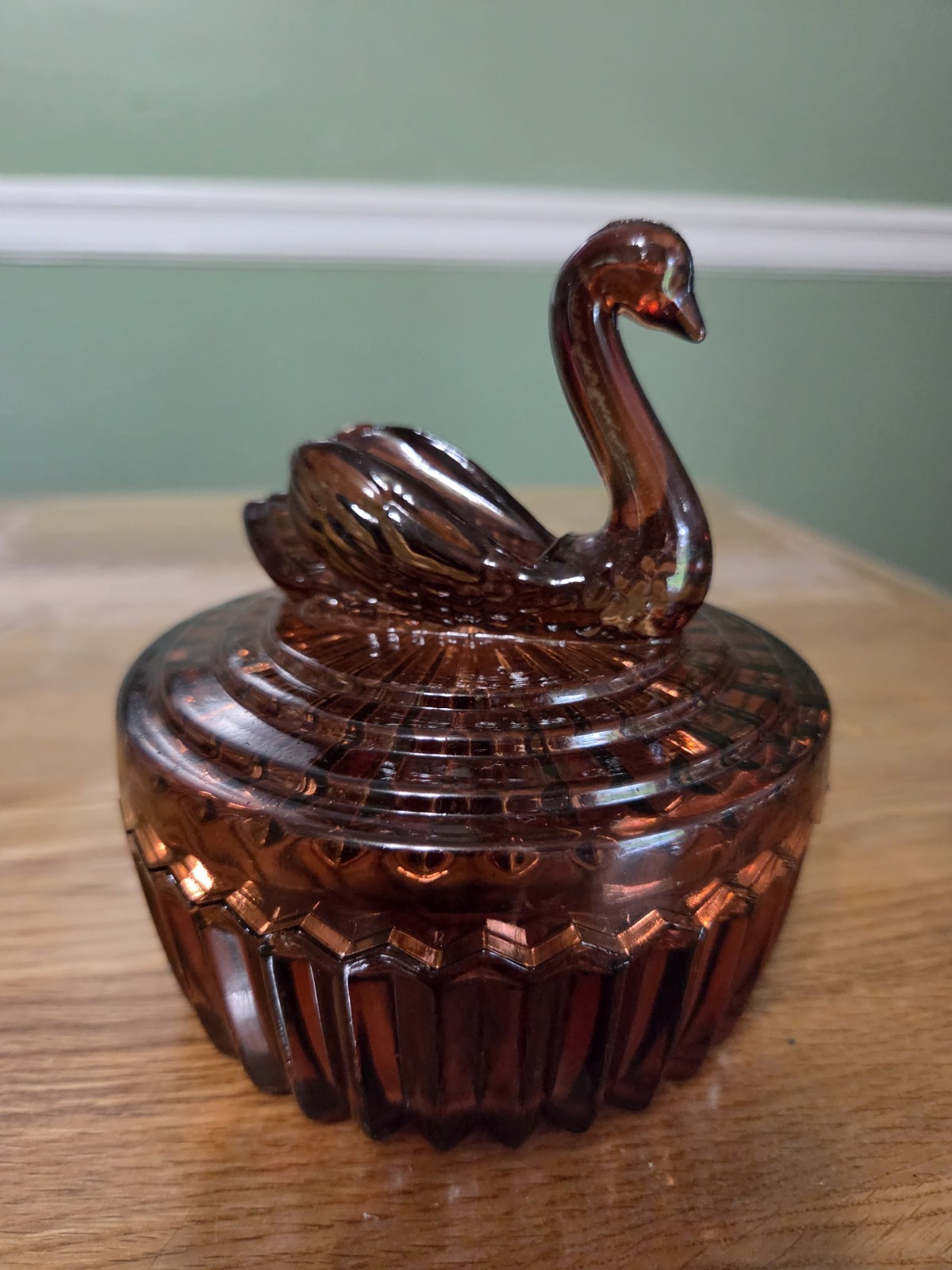 Vintage MCM Jeannette Brown Glass SWAN Candy Trinket Dish Powder Jar