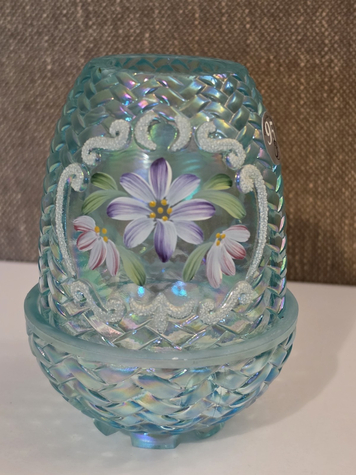 Blue / Aquamarine Fenton Fairy Lamp Basketweave Handpainted