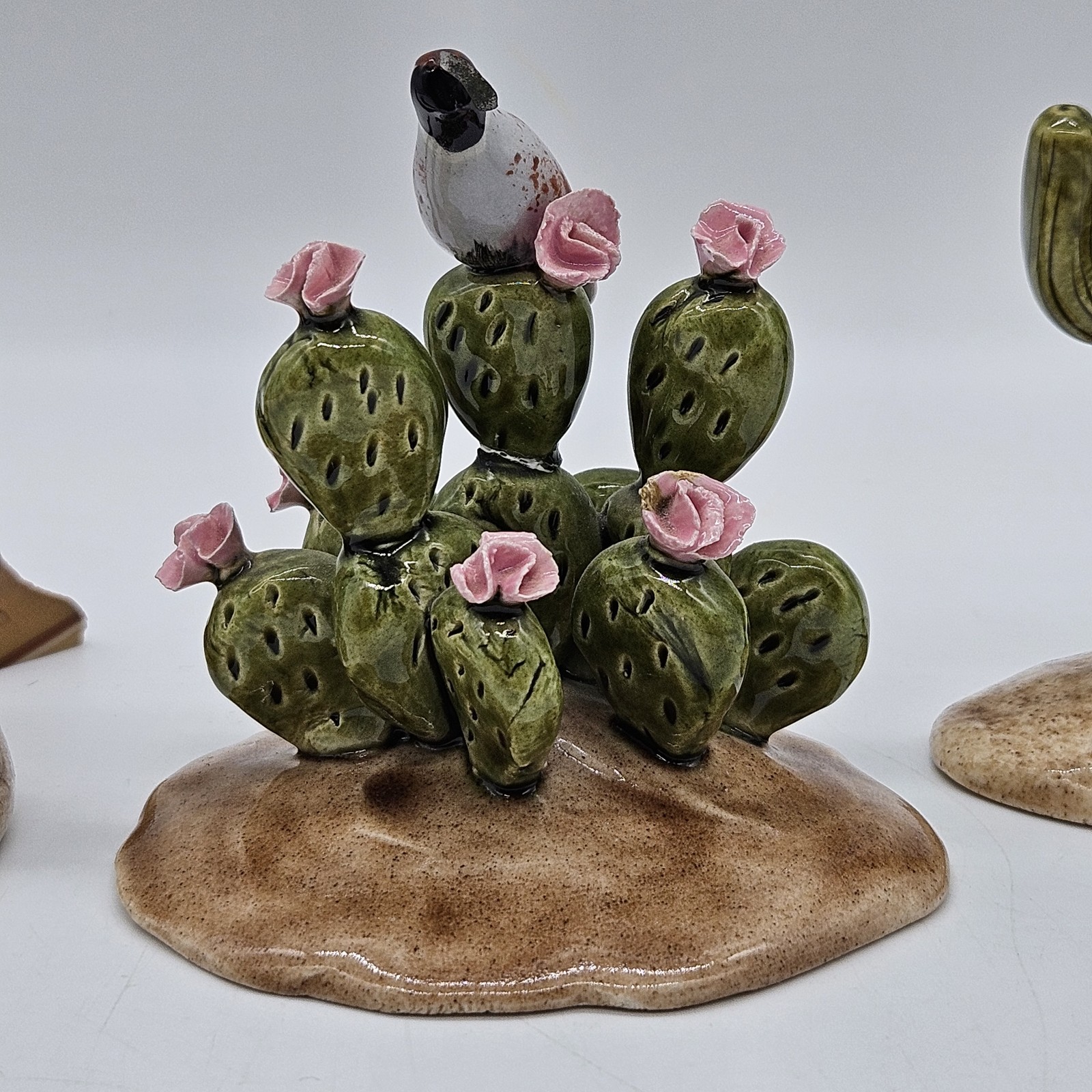 Southwestern Clay Pottery Handmade Figurines Quail Cactus Desert Signed 4 Pieces