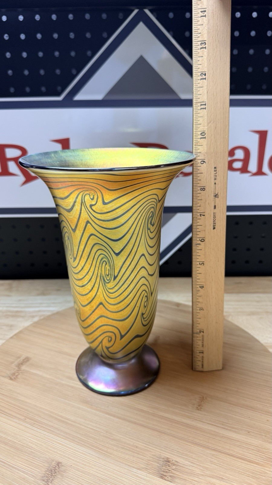 Lundberg Studios Signed 1999 Iridescent Art Glass Swirl Vase Gold Blue 9”