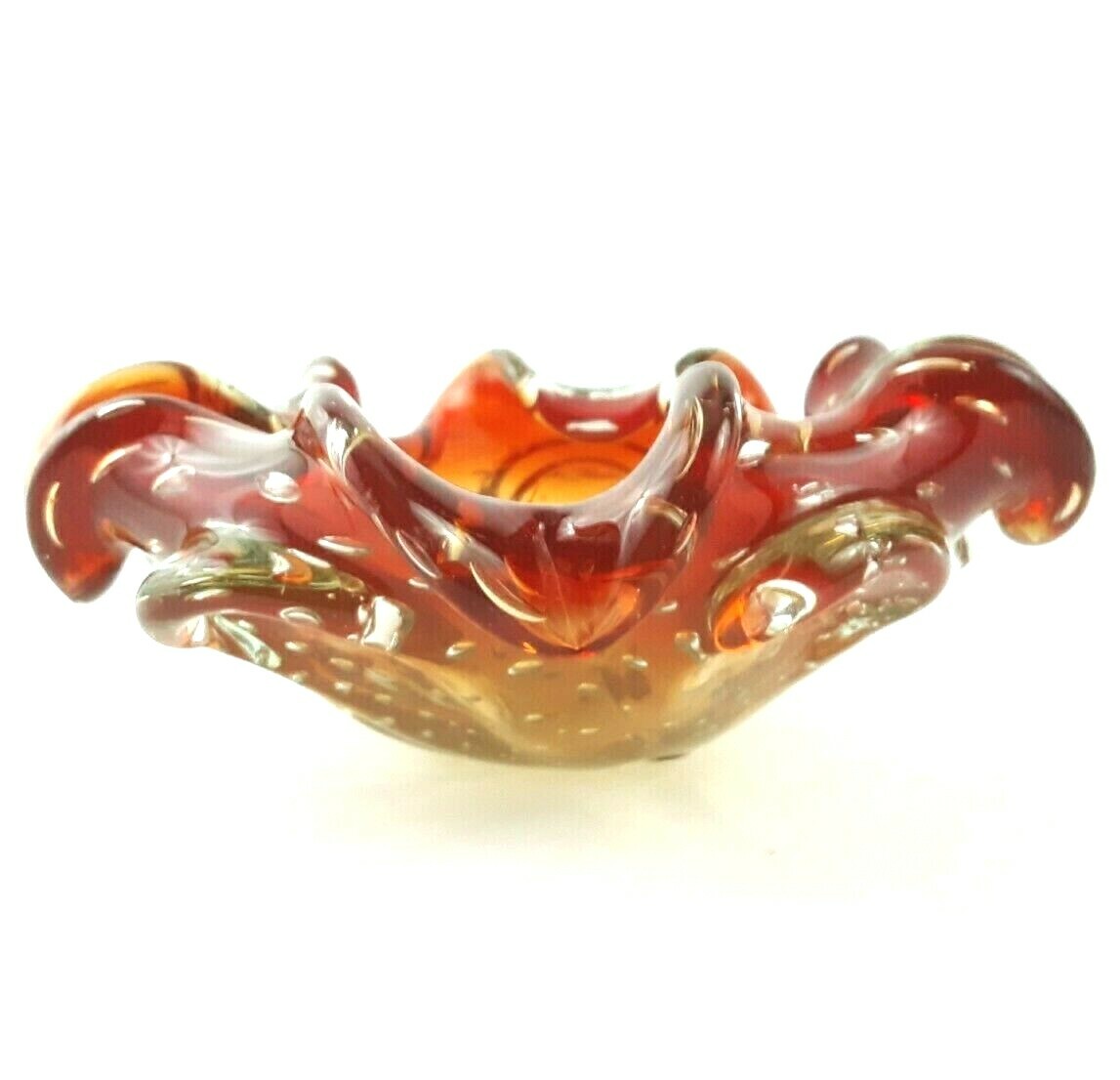 Murano Art Glass Bullicante Red to Clear 6.5 in Ashtray Dish Vintage Mid Century