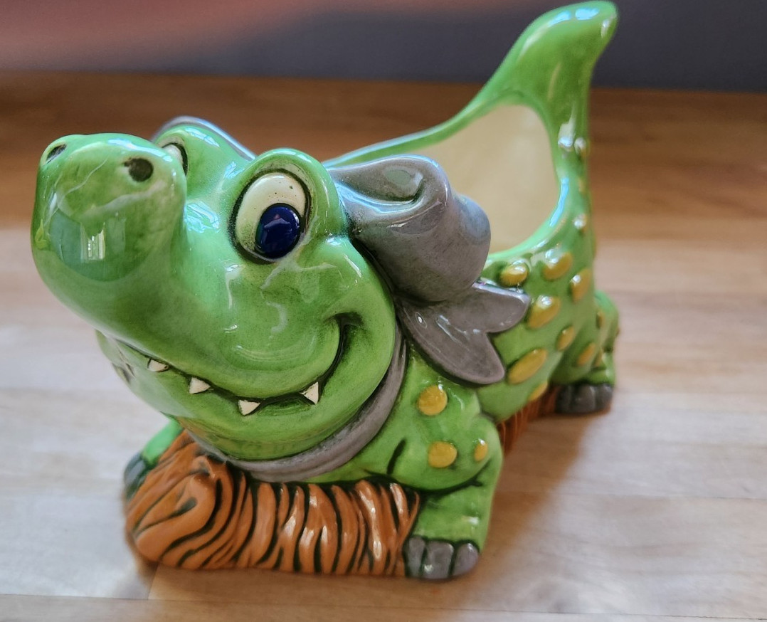Vintage Hand Painted Cute Alligator with Bow Art Pottery Planter Green