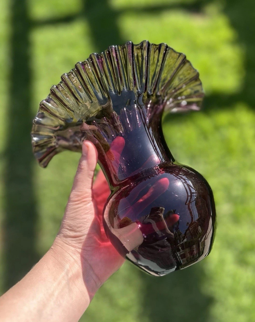 Blenko #390 Purple Amethyst Glass Vase, Mid-Century Crimped Rim Hand Blown 7.75”