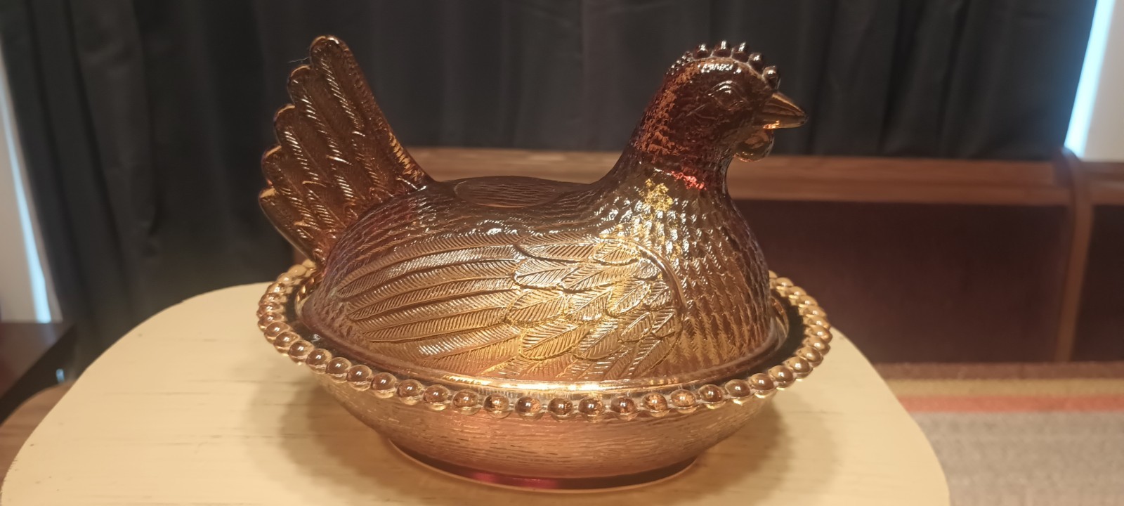 Indiana Glass Vintage HEN-ON-A-NEST Amber Chicken With Beaded Basket 7 X 5 In