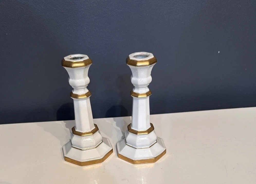 Pair Andrea by Sadek Japan Porcelain Candlesticks Gold Trim Octagonal Vintage