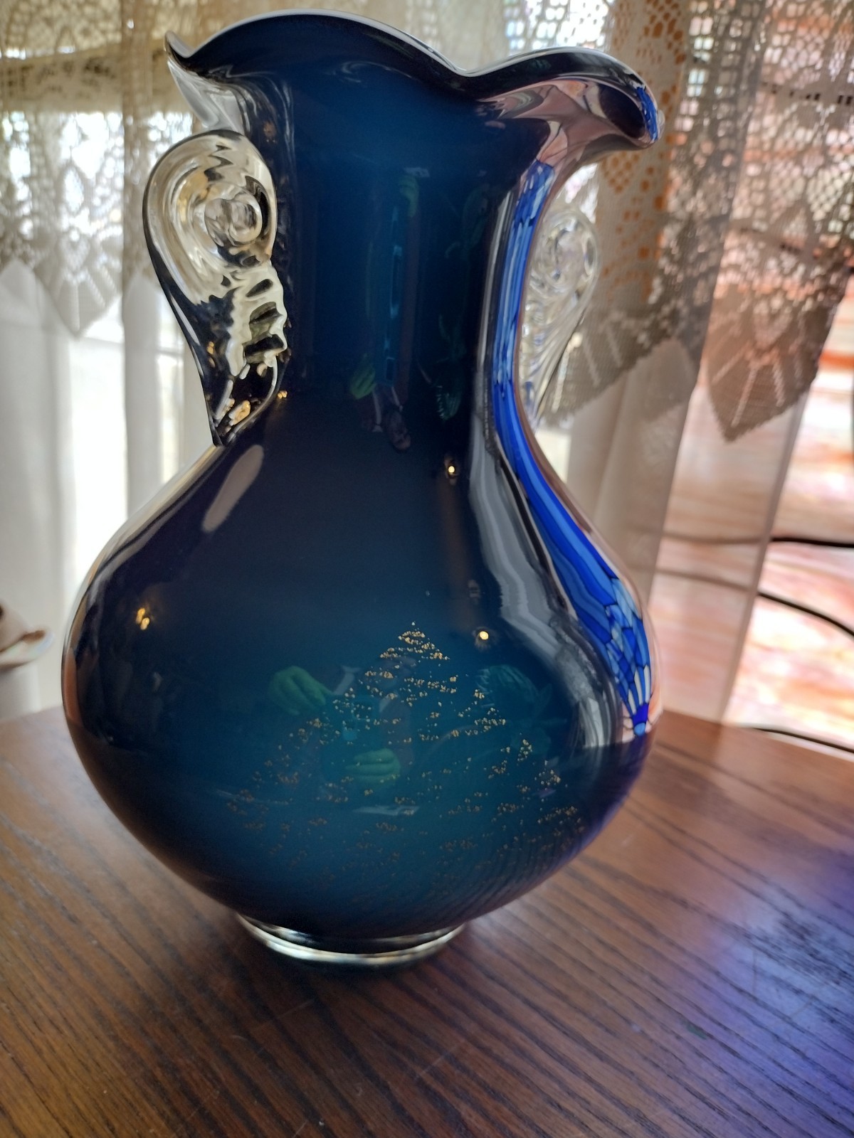 Vintage Teal Blue Blown Art Glass Vase Gold Foil Ruffled Rim Scrolled Handles