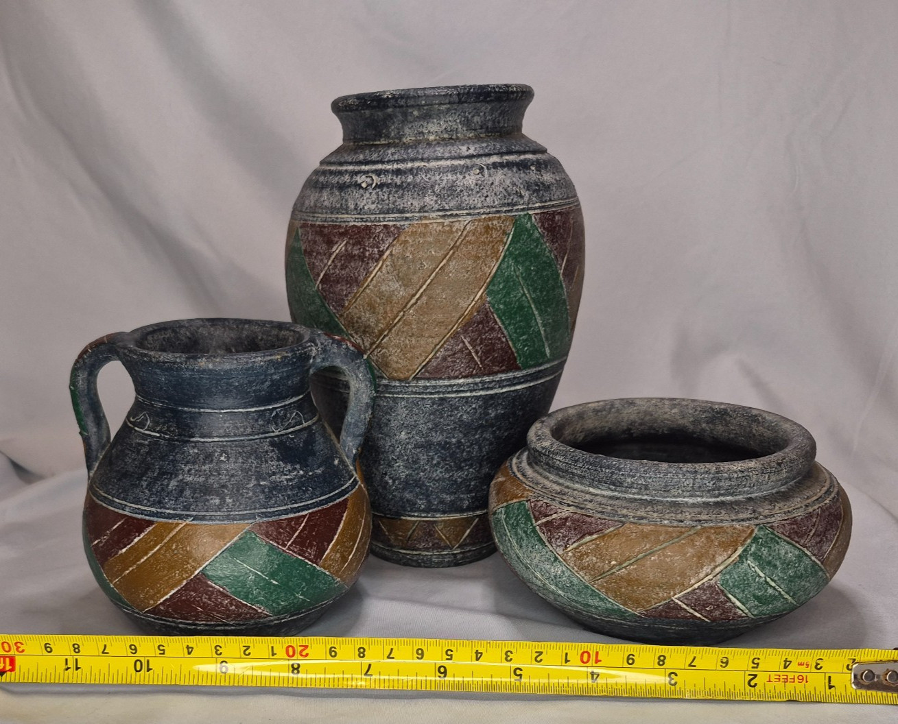 Vintage Southwest Style Pottery Vase Urn Bowl Jug Set of 3 Hand Painted Decor