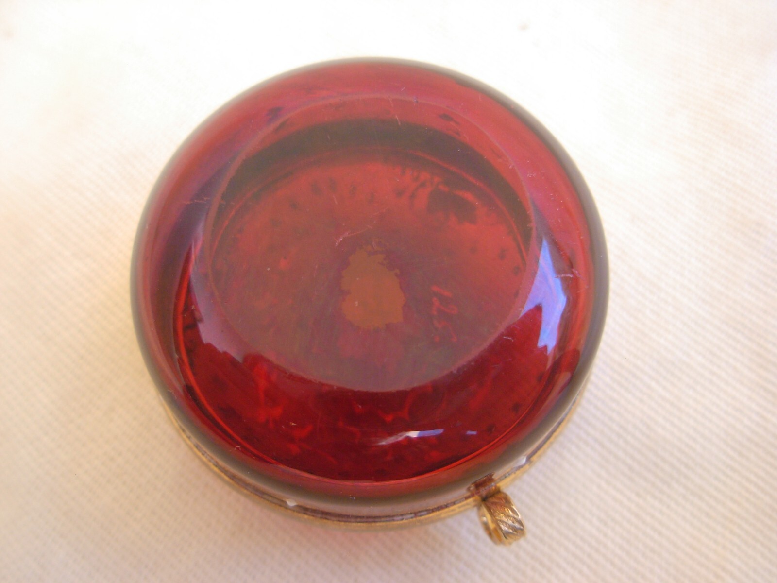 ANTIQUE BOHEMIAN ENAMELED RED GLASS PILL BOX WITH GILT BRASS MOUNT,LATE 19th.