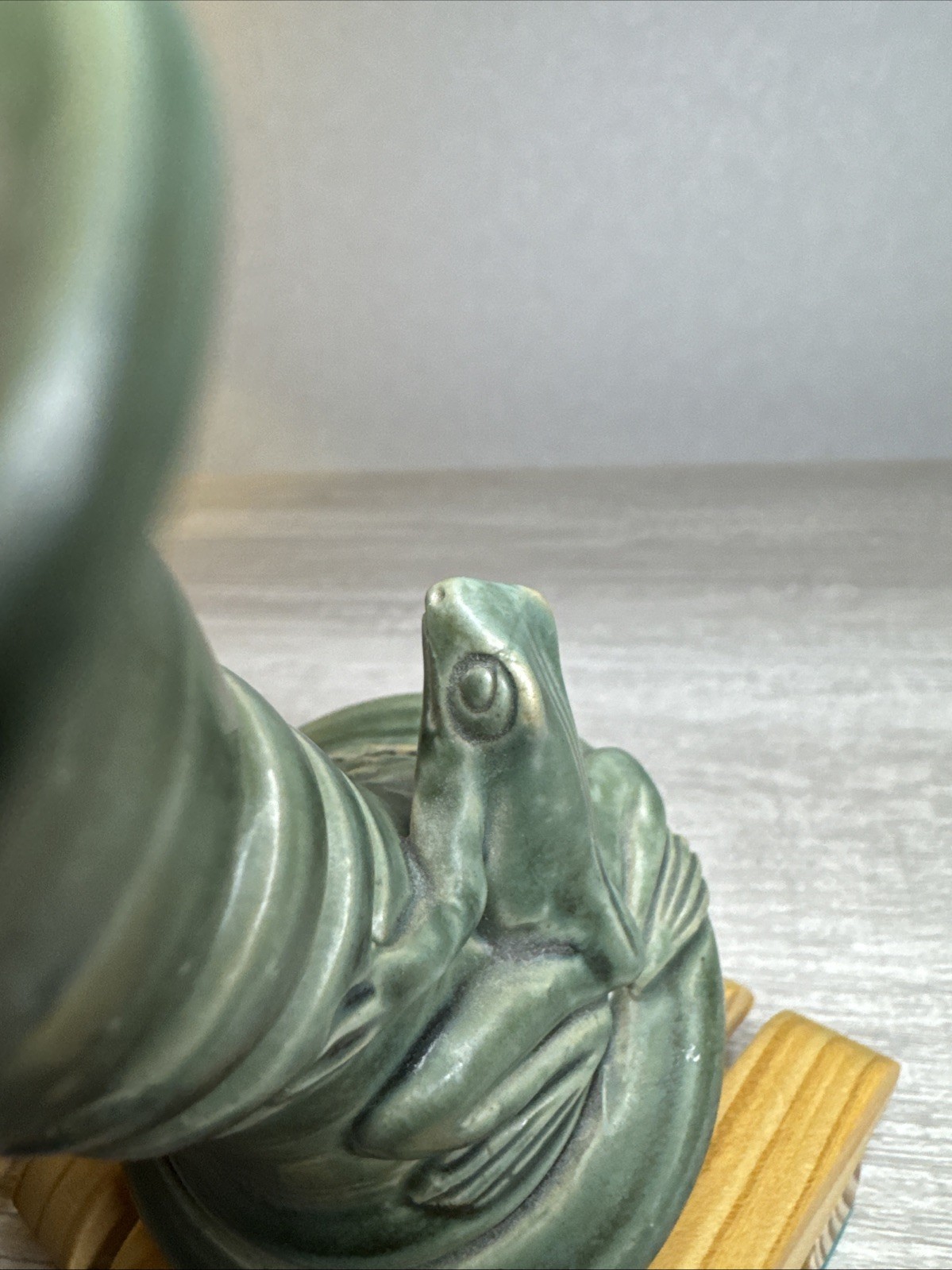 Frog Candlestick Indonesian Pottery Matte Green Glaze Toad