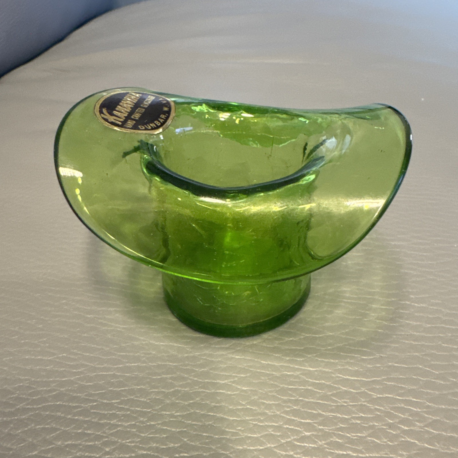 KANAWHA GLASS CLEAR GREEN 2″ TOP HAT TOOTHPICK HOLDER EUC RARE BEAUTIFUL MCM