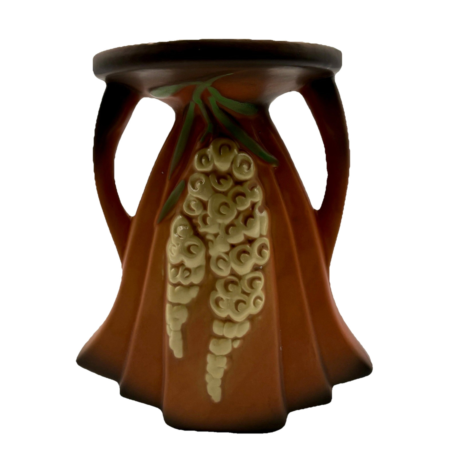 Reproduction Roseville Brown Foxglove Fan Handled Vase – #117-8 – 5 Openings EUC