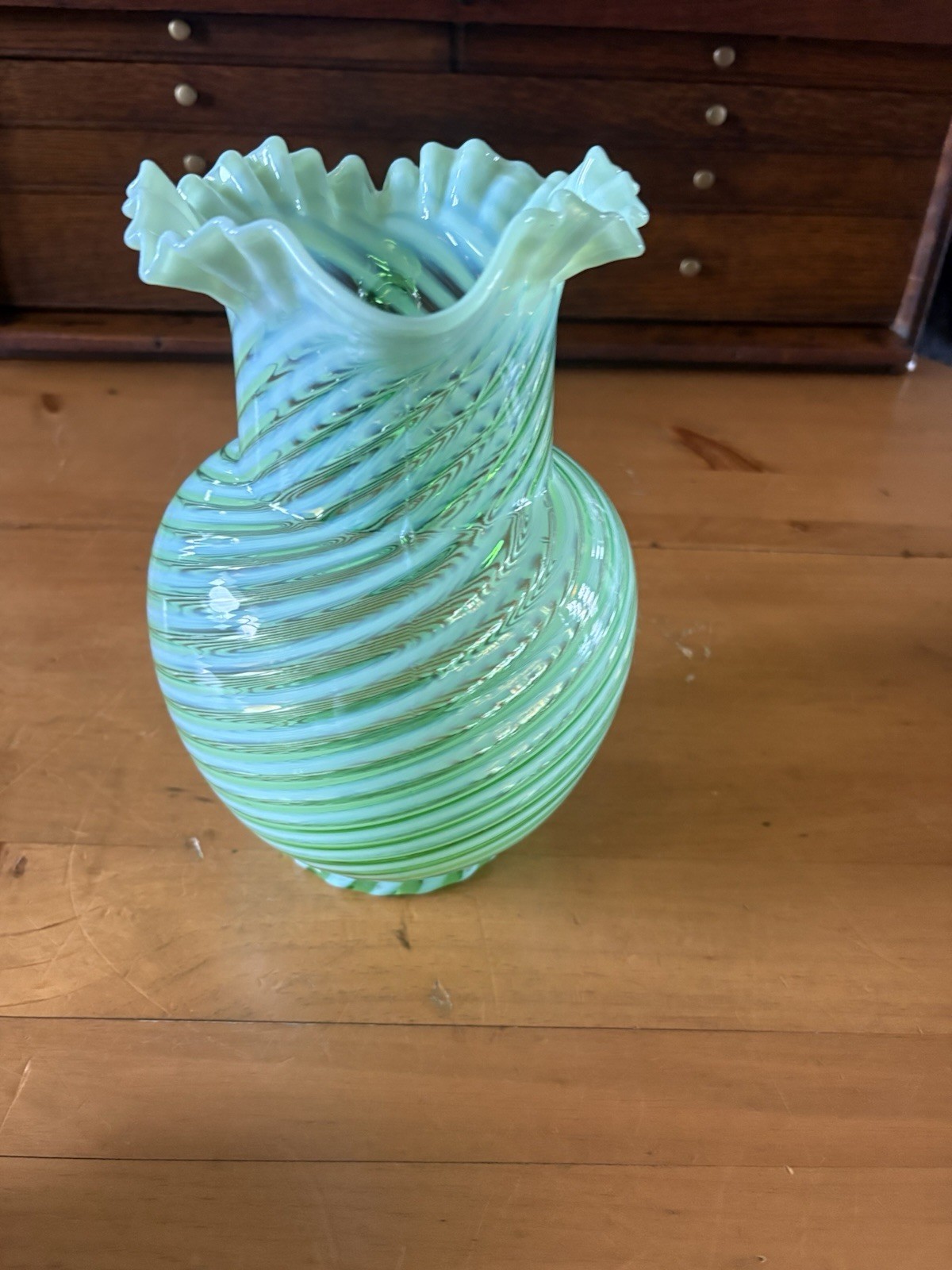 Fenton Green Opalescent Spiral Optic Pitcher 9.75”-W/Dbl Crimped Top Circa 1939!