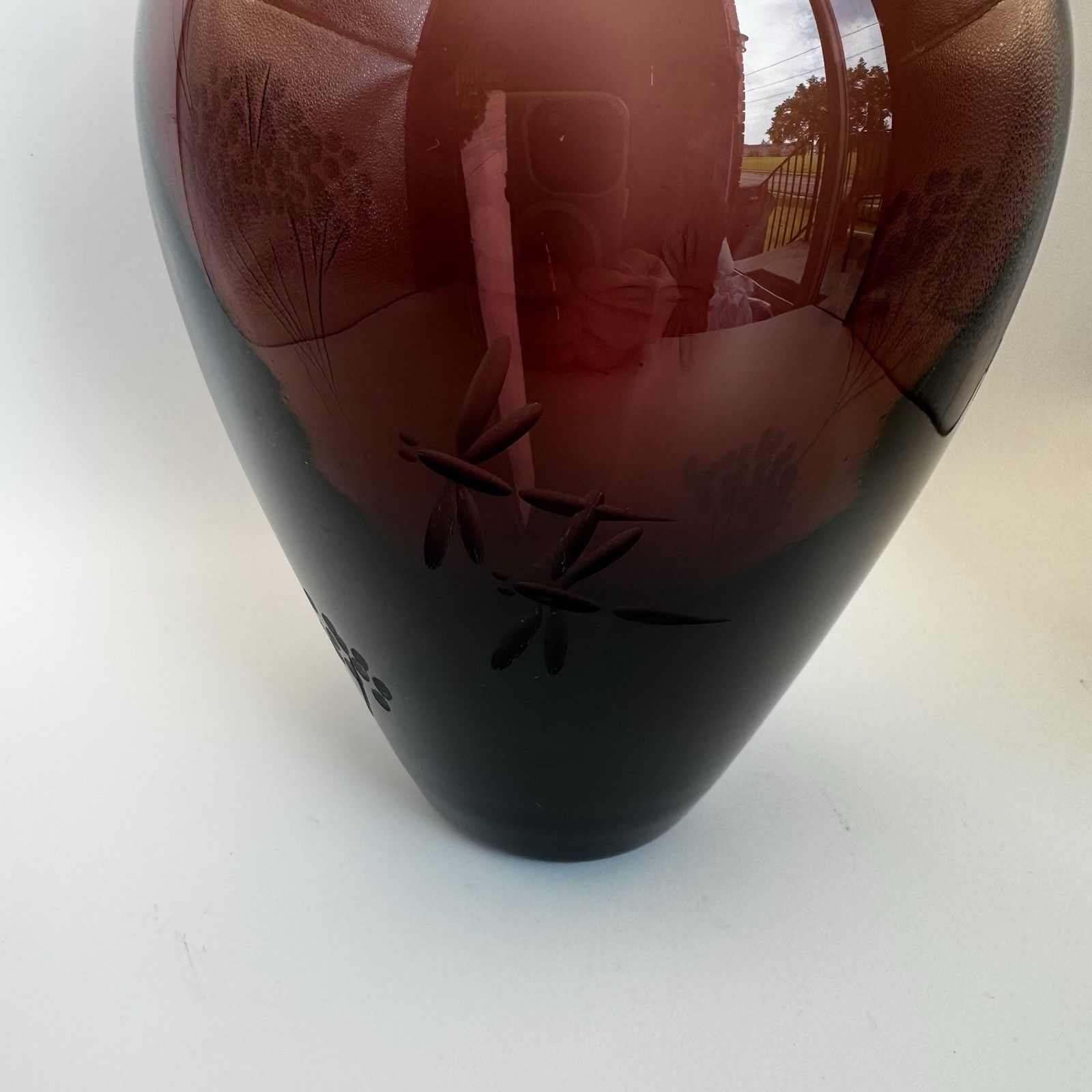 Hand Blown Ruby Red Vase Etched Trees & Dragonfly 8”