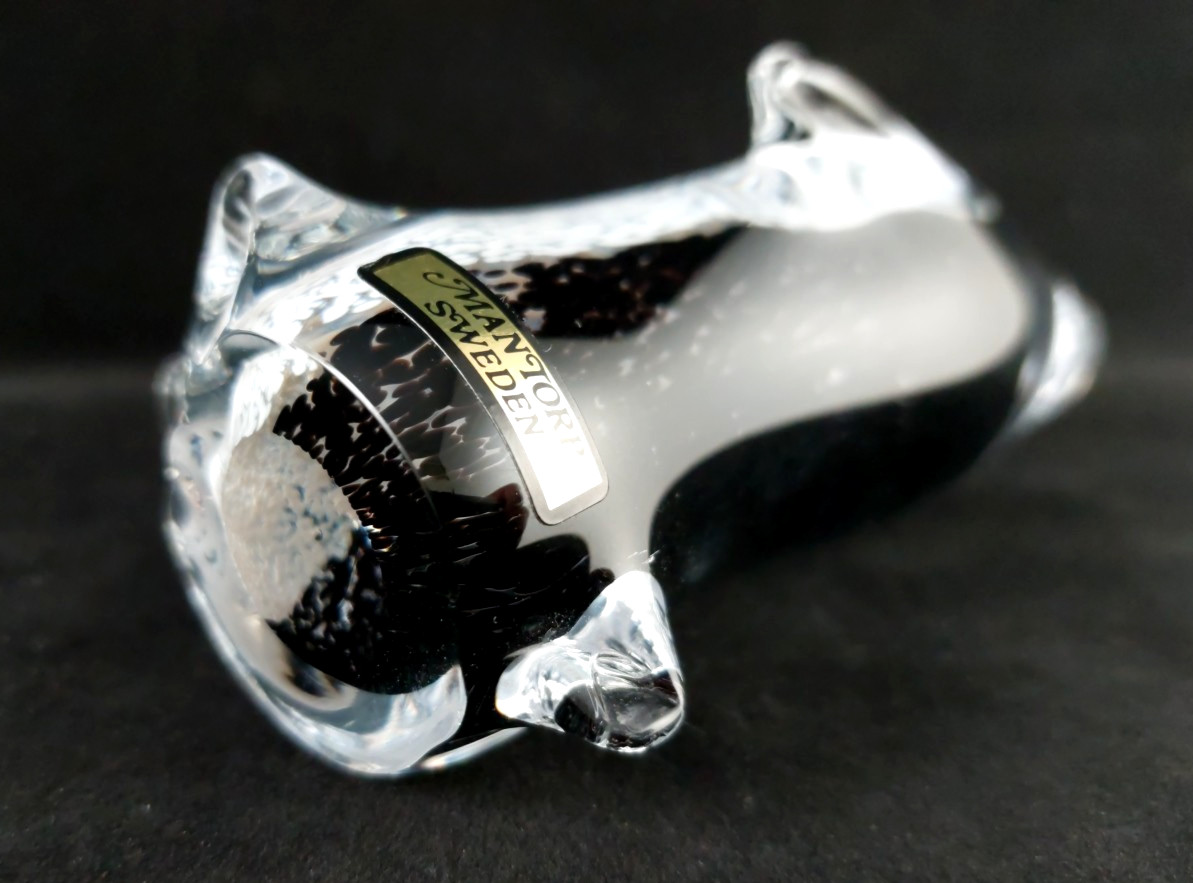 Vintage Mantorp Sweden Art Glass Penguin, Black White Clear, 5 Inches