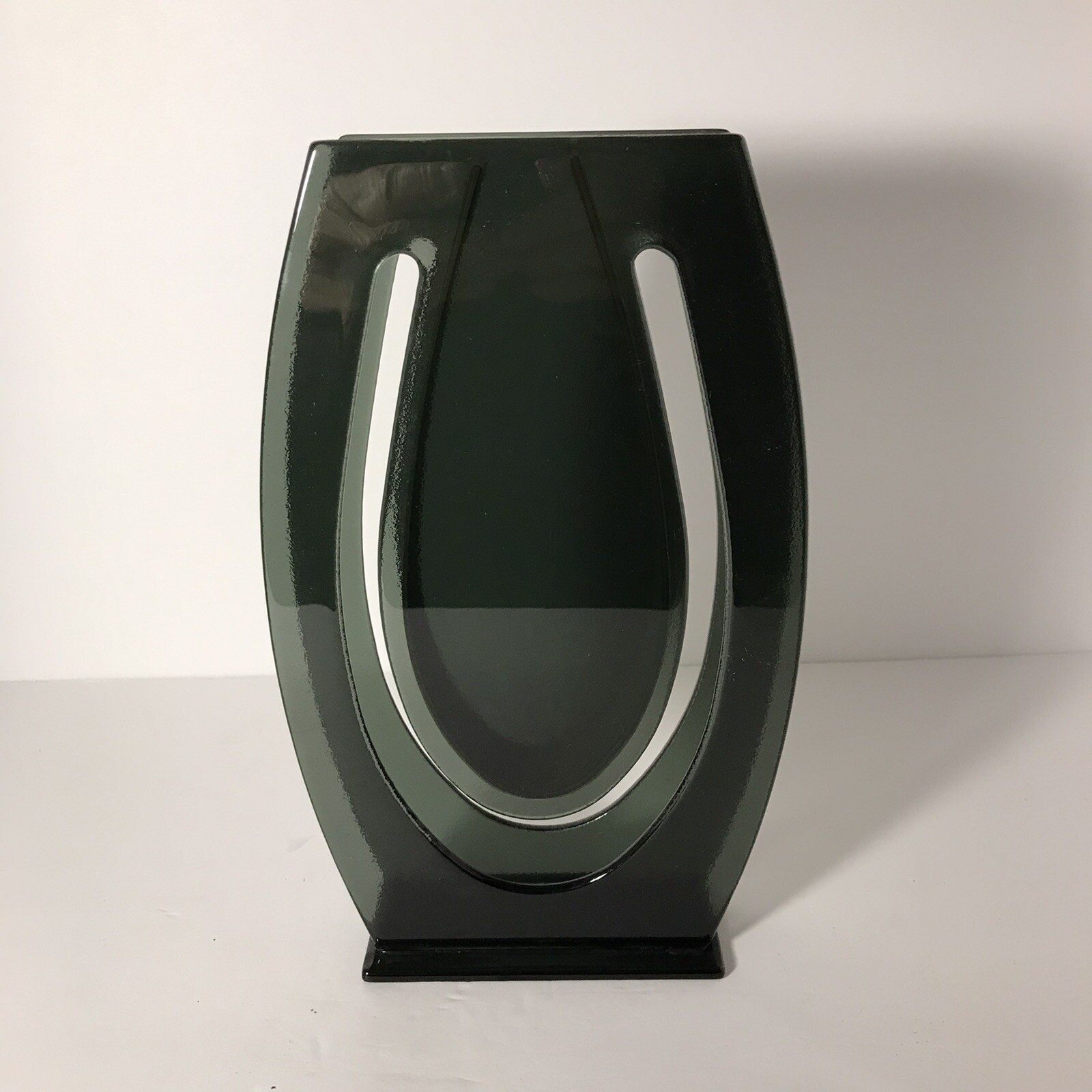 Period Mid Century Modern Black Cut Out Glass 10” Vase With Aluminum Center