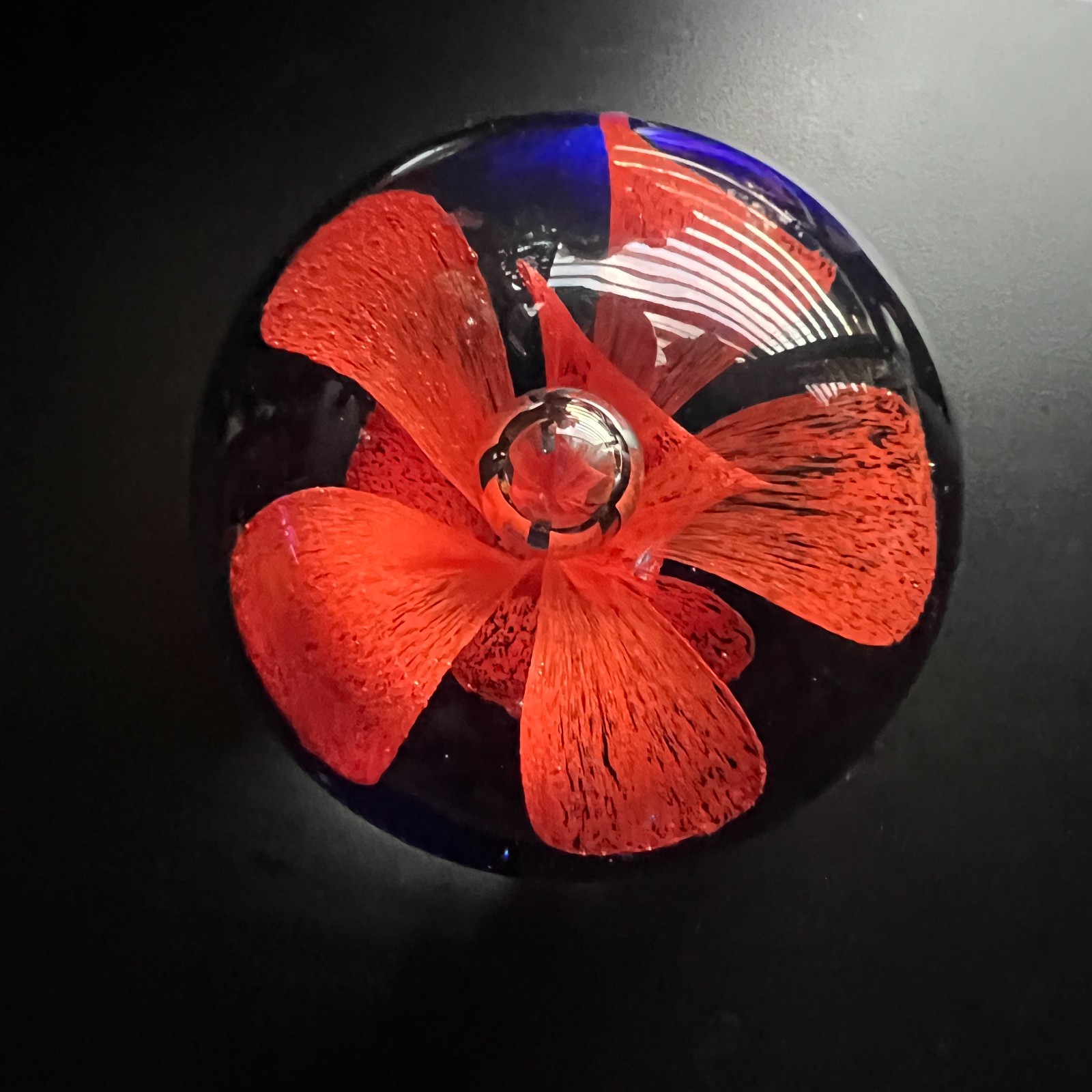 Vintage Art Glass Paperweight Red Flower Cobalt Blue Clear Orb Decor