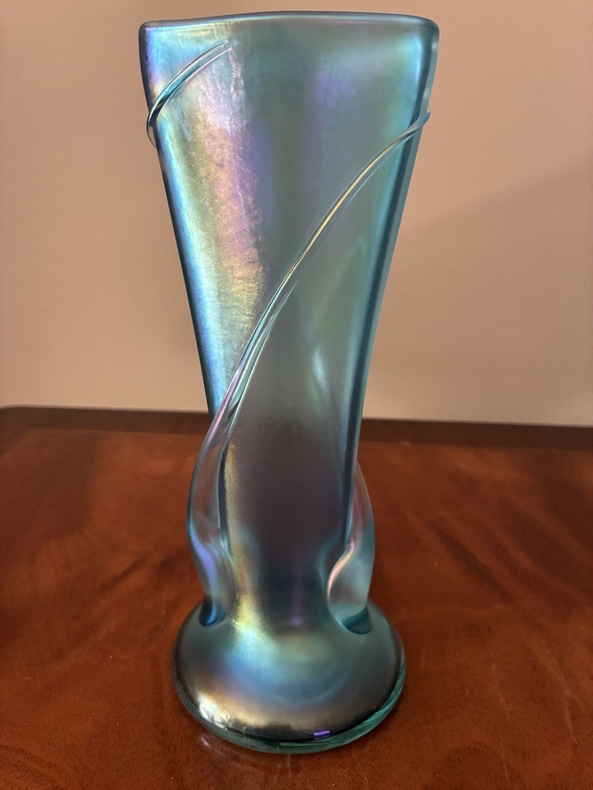 Zellique Glass Studio Iridescent Blue 8” Art Glass Vase Signed JM Joseph Morel