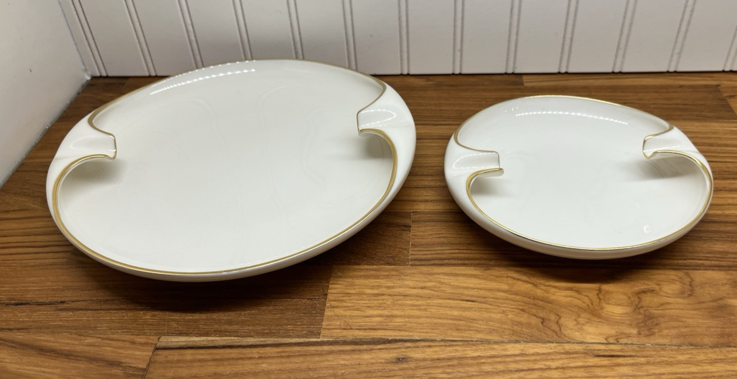 Lenox Ashtray Vintage USA Bone China Ivory 24k Gold Trim Two Cigarette Rest Pair