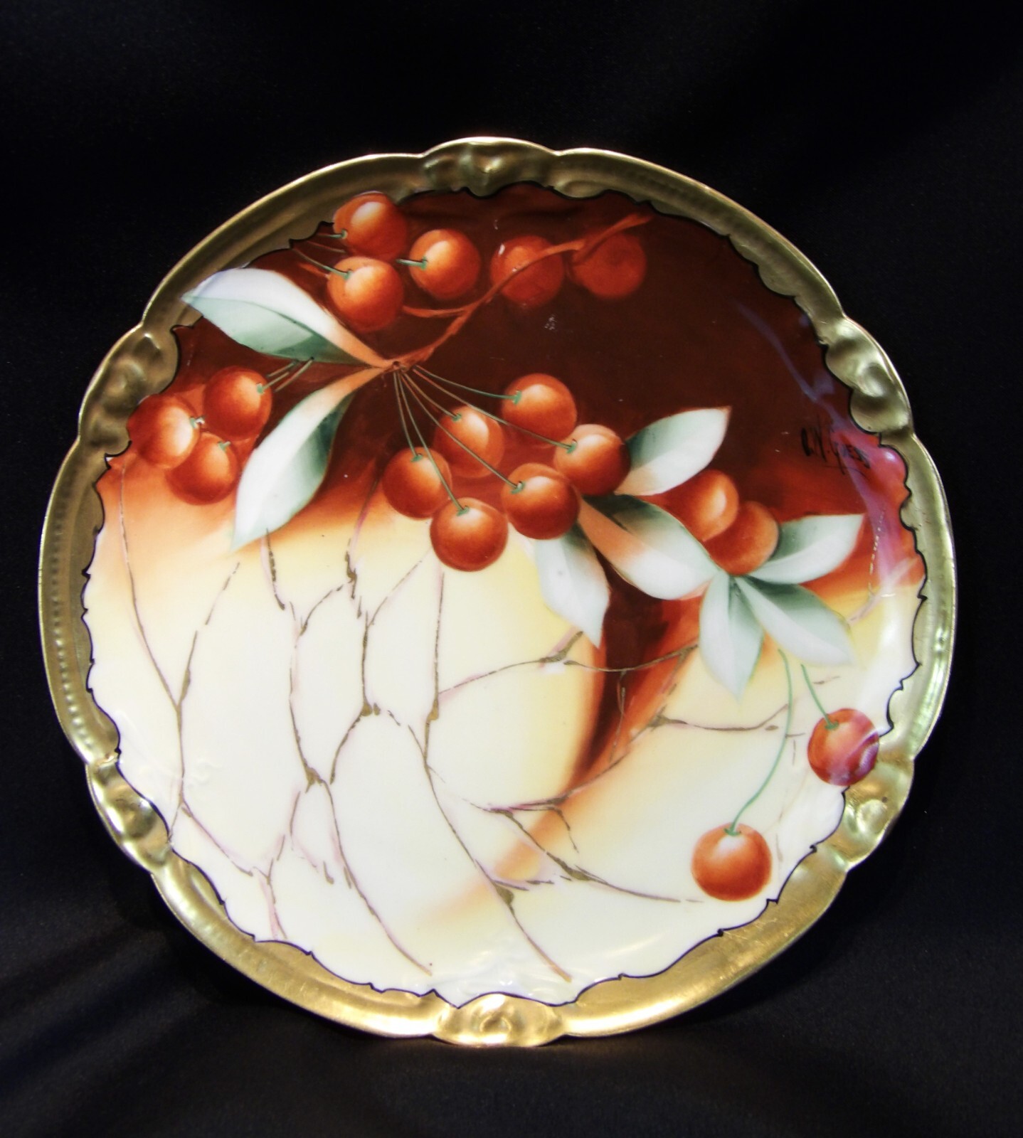 Antique Pickard T&V Limoges Hand Painted 8.5″ Cabinet Plate Cherries Signed
