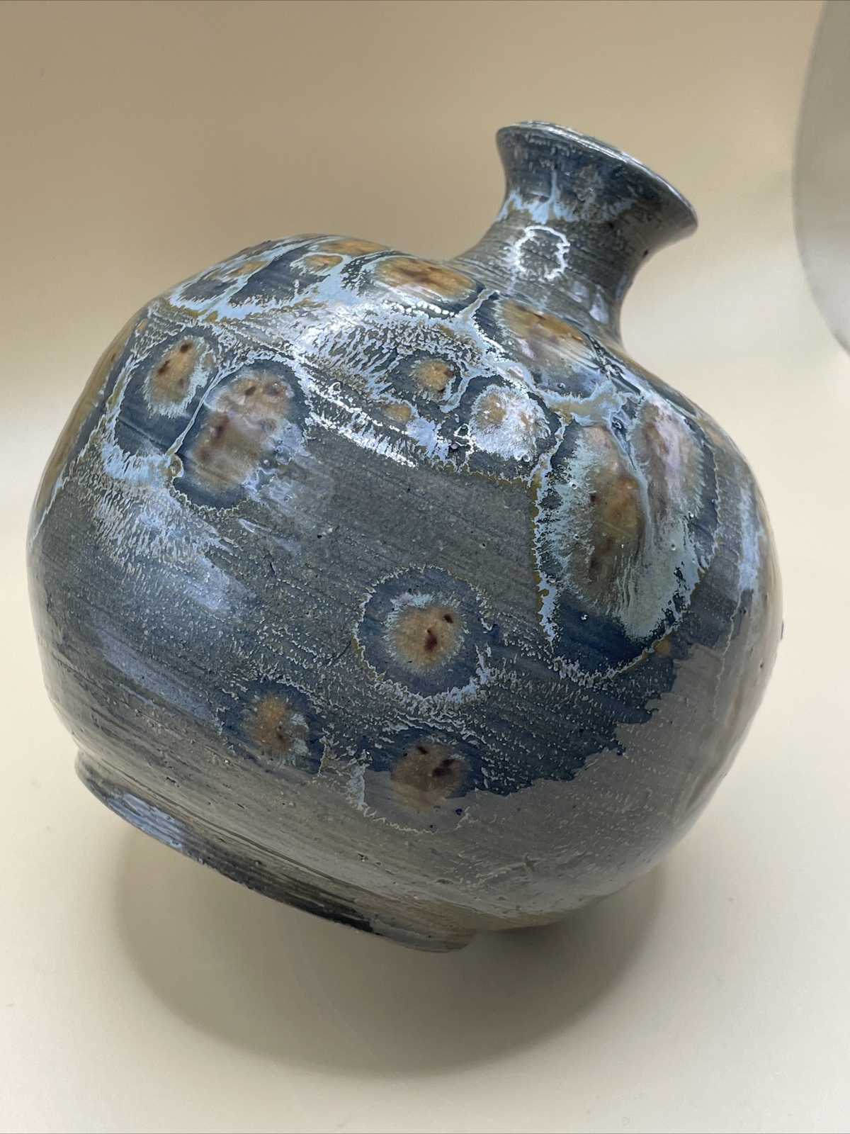 Art Pottery Round Bud Vase Brown/Blue/Gray Spotted Signed- Home Table Decor