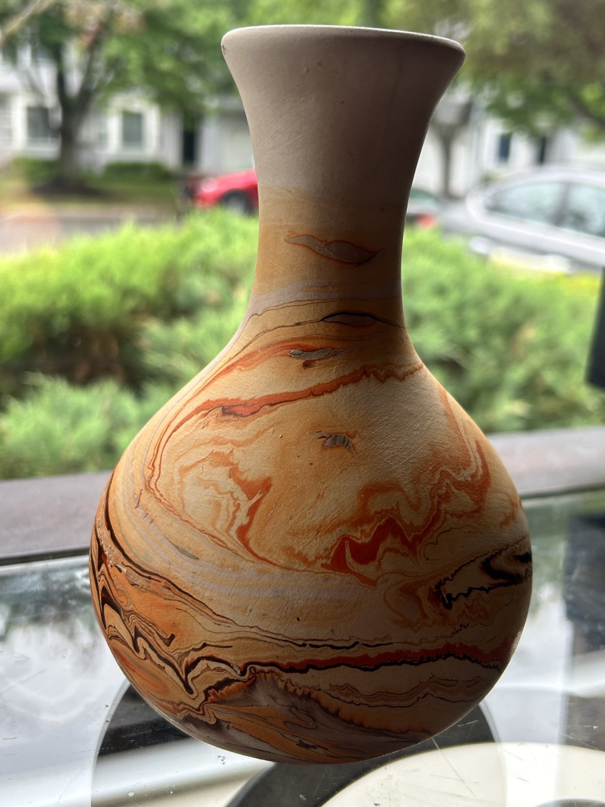 Nemadji Pottery Swirl Vase 8” Marbleized Clay Vase Orange Brown Vintage Art