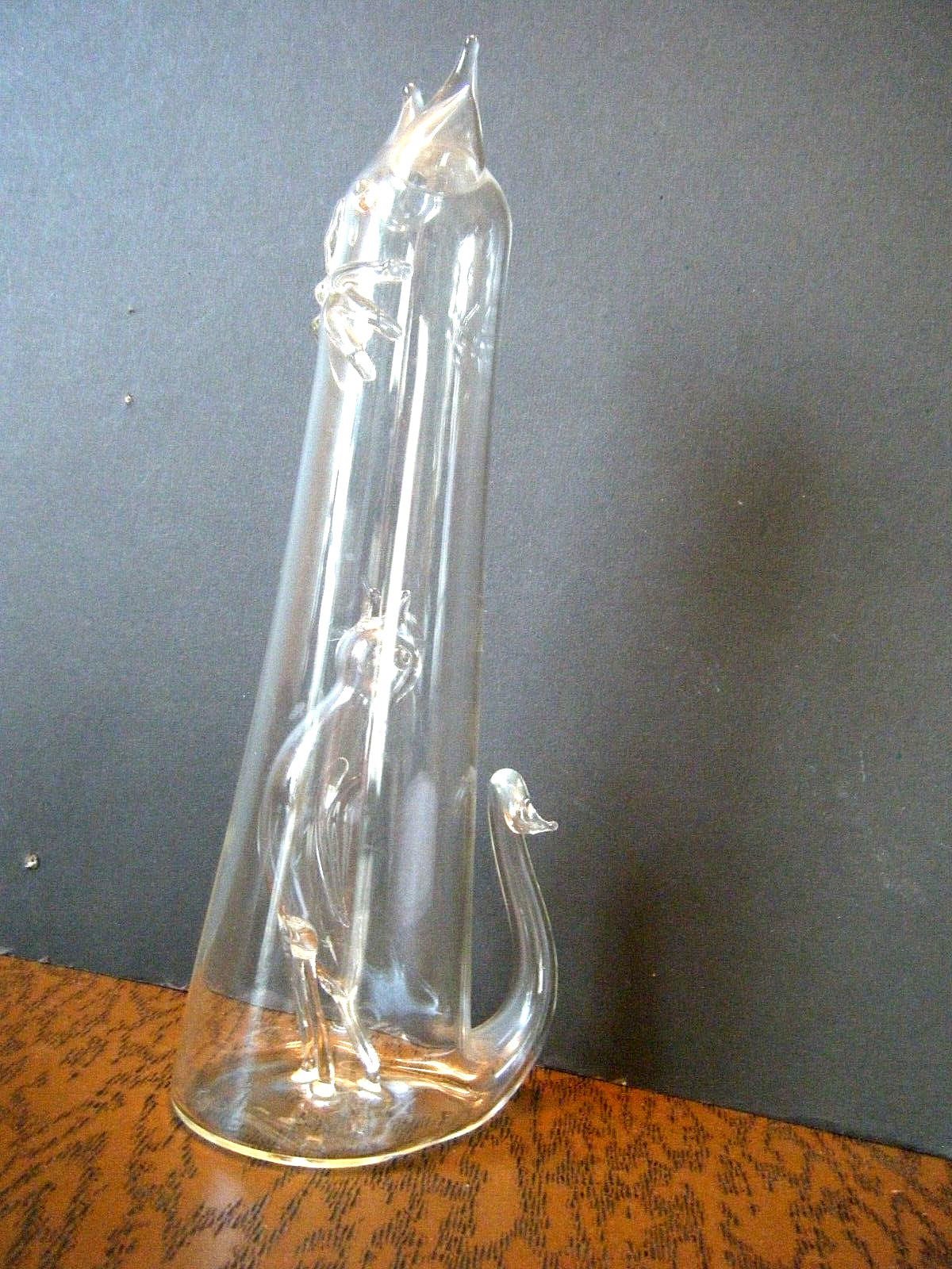 8″ Vintage 70s Modern Roberto Niederer Blown Art Glass Cat with Bird Inside