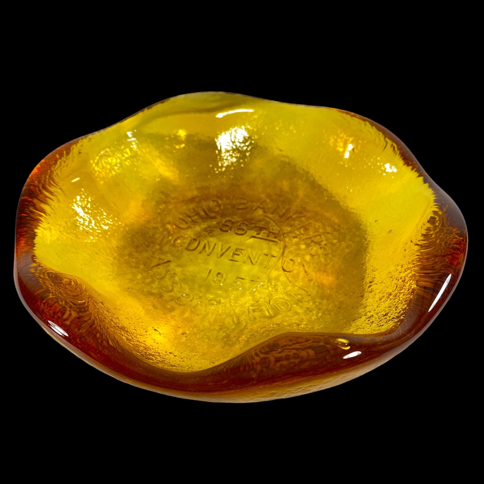Vintage Art Glass Paperweight Bowl Ashtray Ohio Bankers 7”D 1”T 1957 Associates