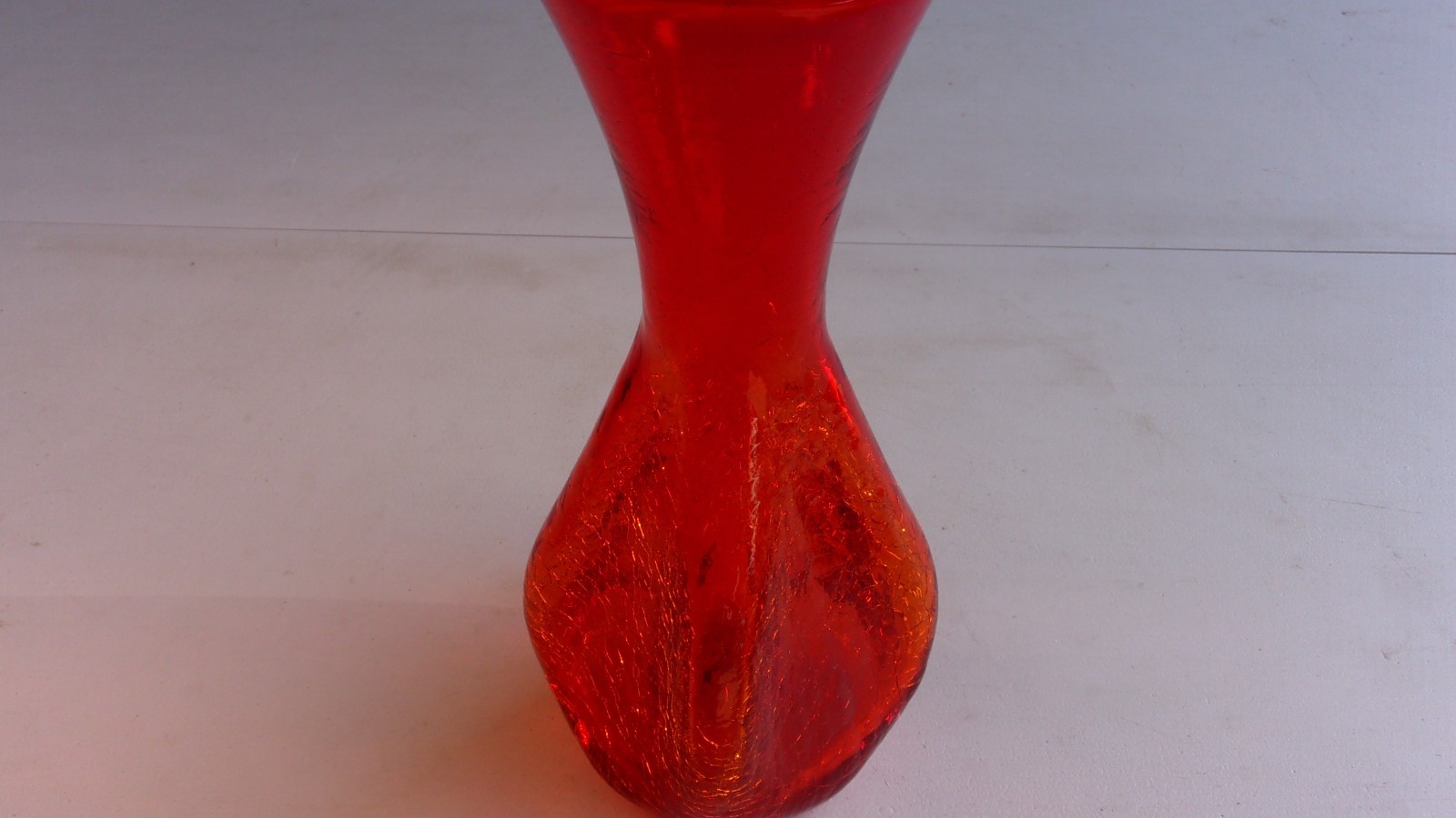 VTG Blenko Rainbow Glass Redish Orange Crackle Glass Pinched Body Art Glass Vase
