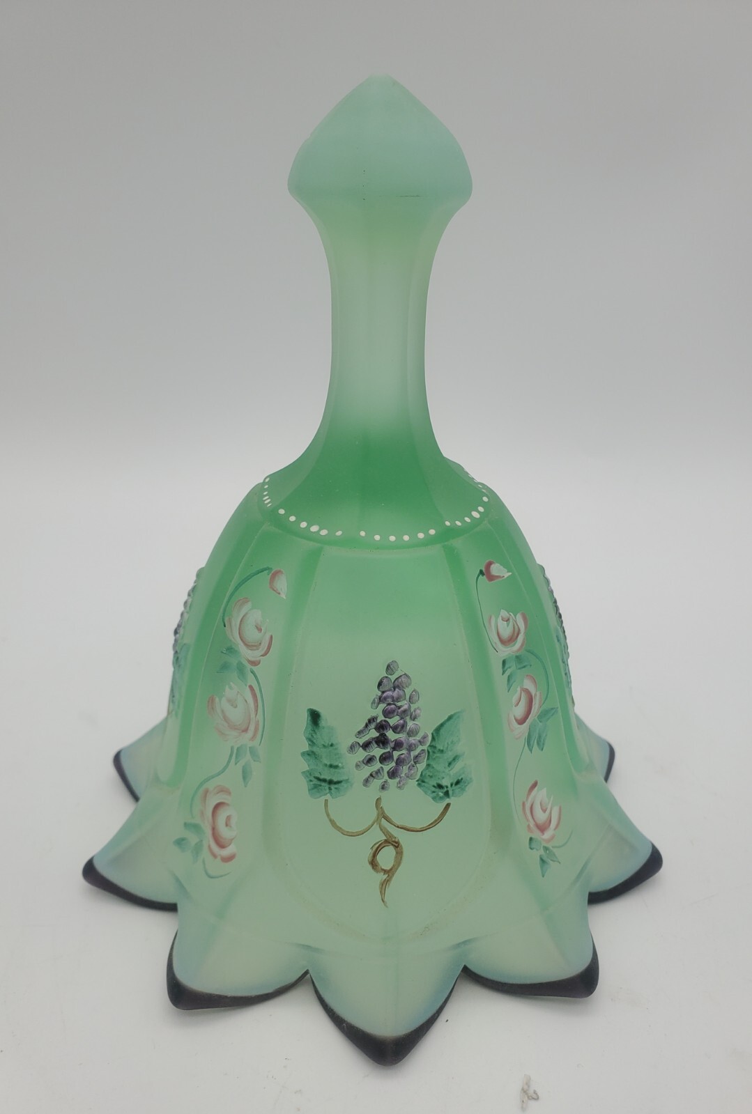 Fenton Willow Green Satin Plum Crest Embossed Grapes Roses Panel Opalescent Bell