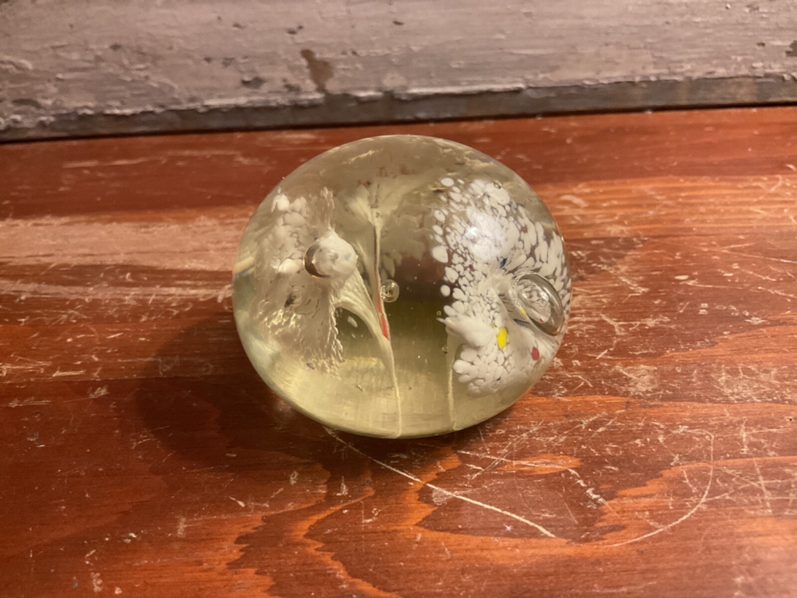Vintage Clear and White Abstract Flower Art Glass Paperweight 2 1/4” Round