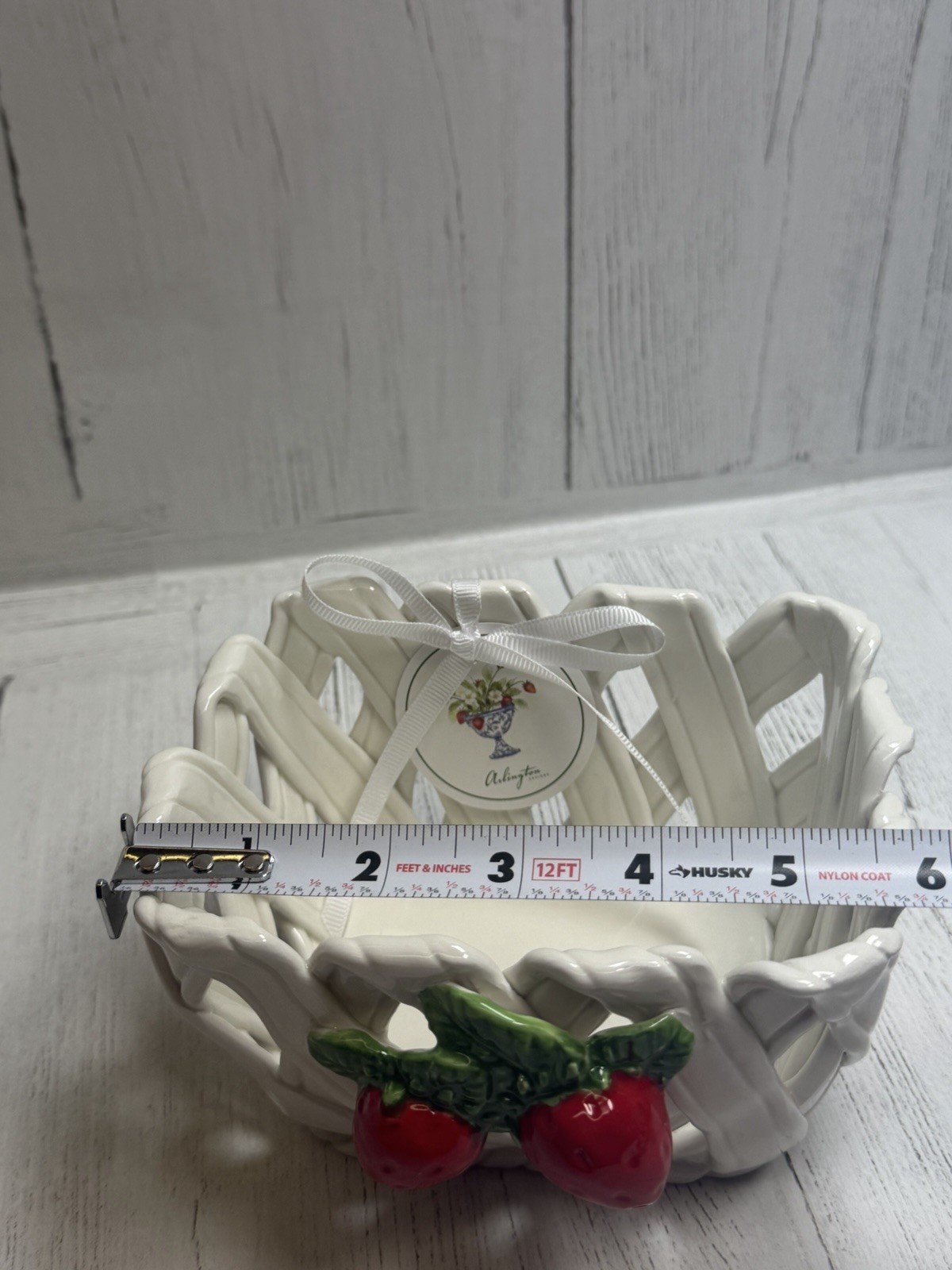 Strawberry Ceramic Basket Weave Bowl White Farmhouse Kitchen Decor NEW